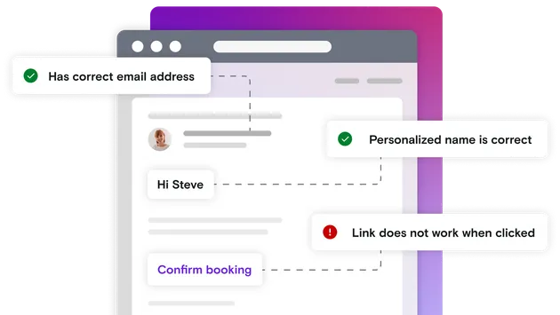 Email illustration with pass and error notifications on a gradient background