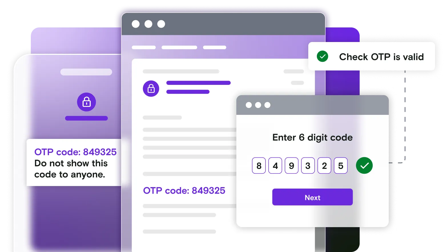 Email and mobile illustration with OTP code and pass notification