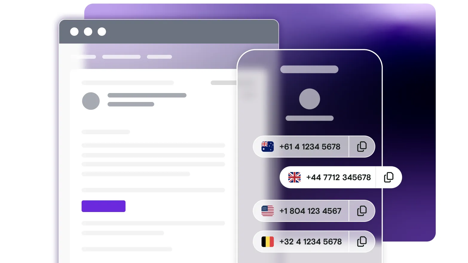 Mobile phone and email illsutration with gradient background and international phone numbers