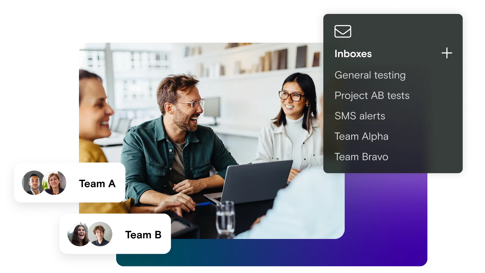 Image of team members on laptop with Inbox window and team members dialogs