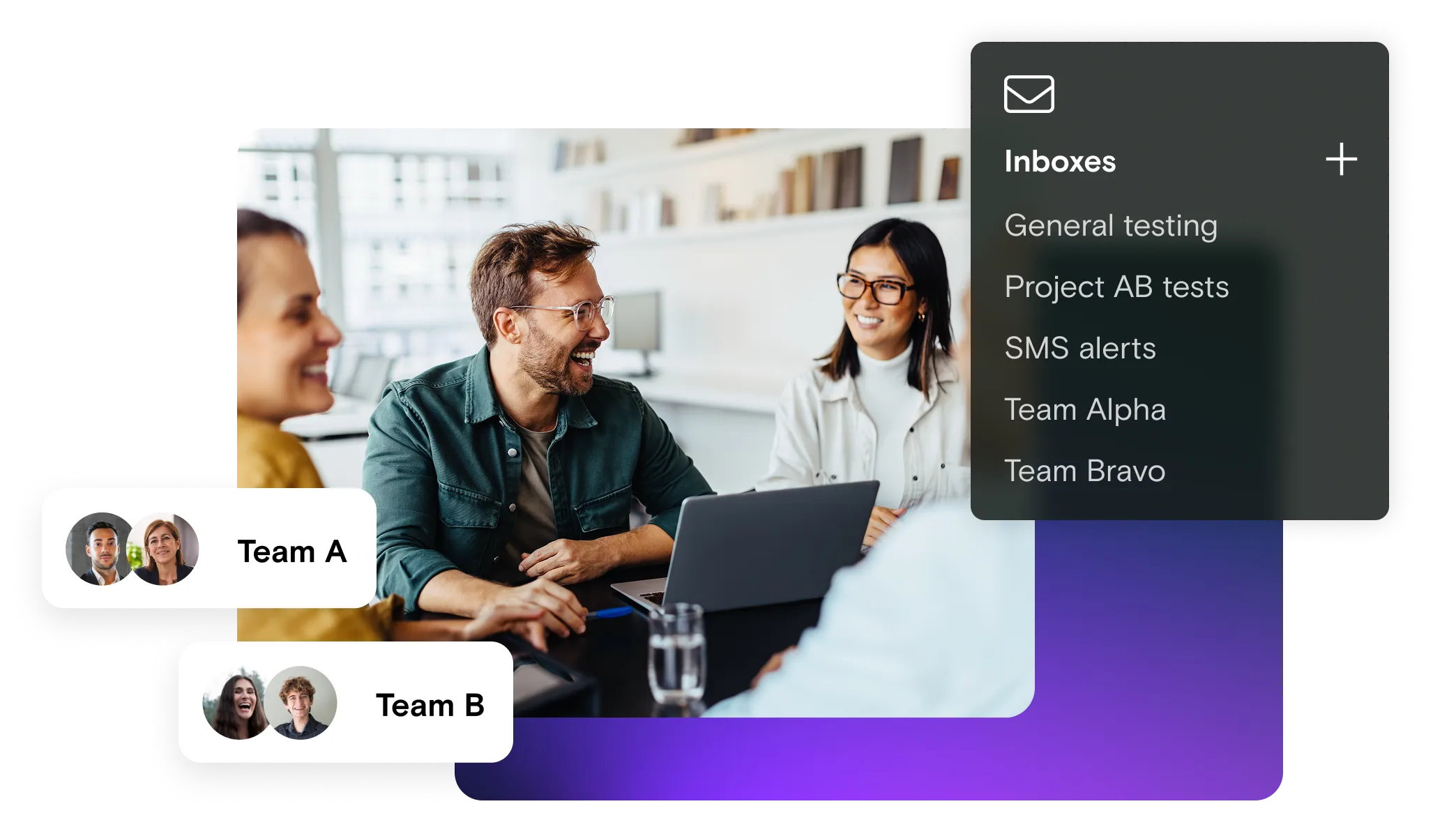 Image of people on laptops with Inbox dialog box and Team A and B notifications
