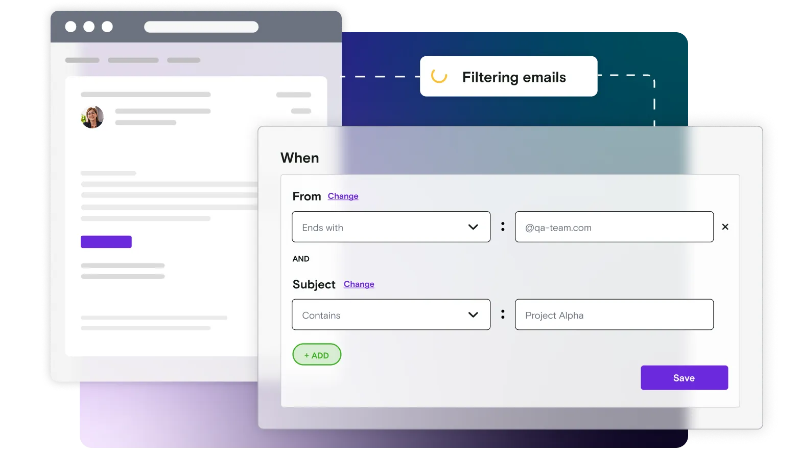 Email illustration with forwarding rules window on gradient background