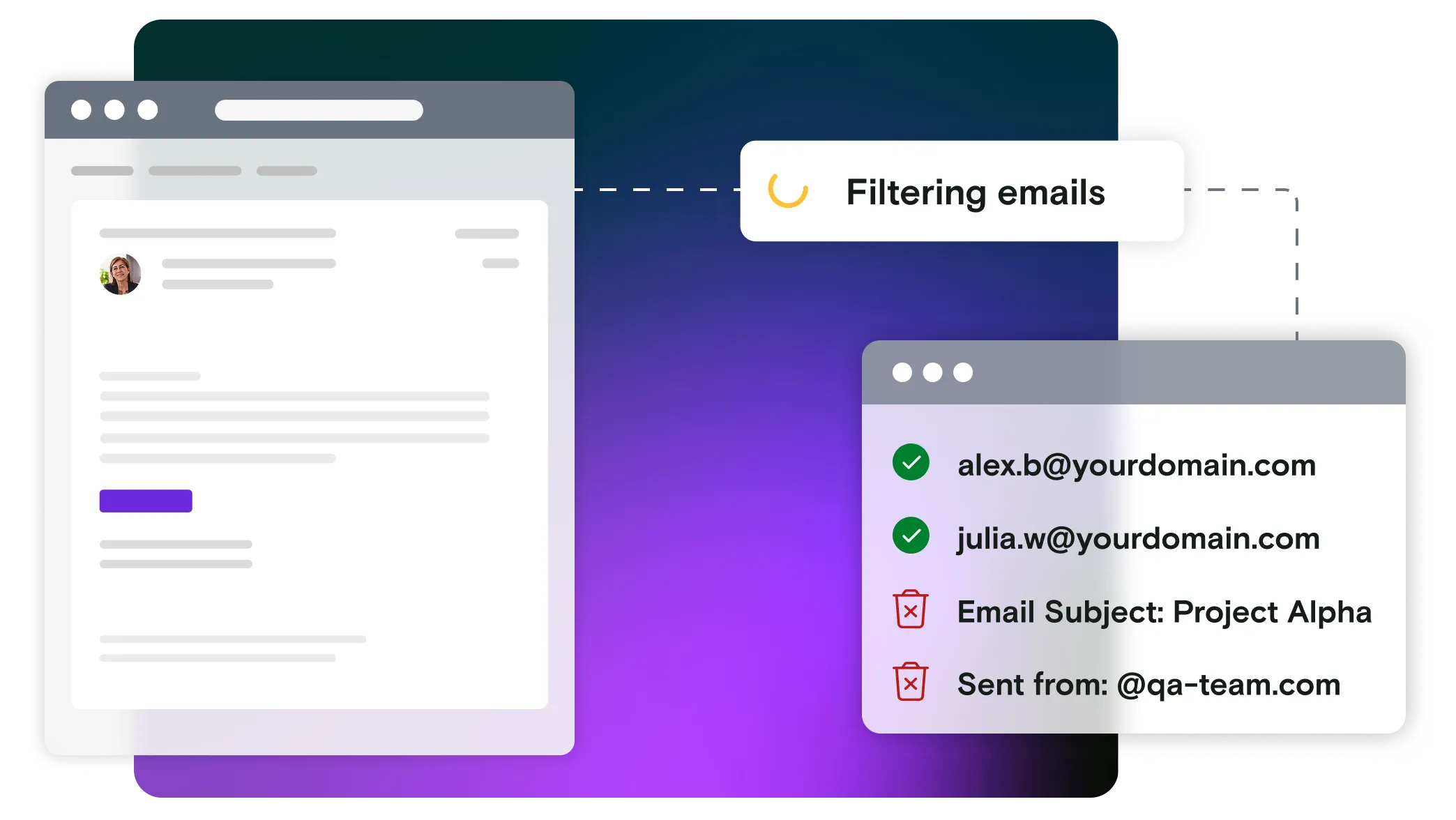 Email illustration connected to a filtering notification and linking to pass and fail email addresses