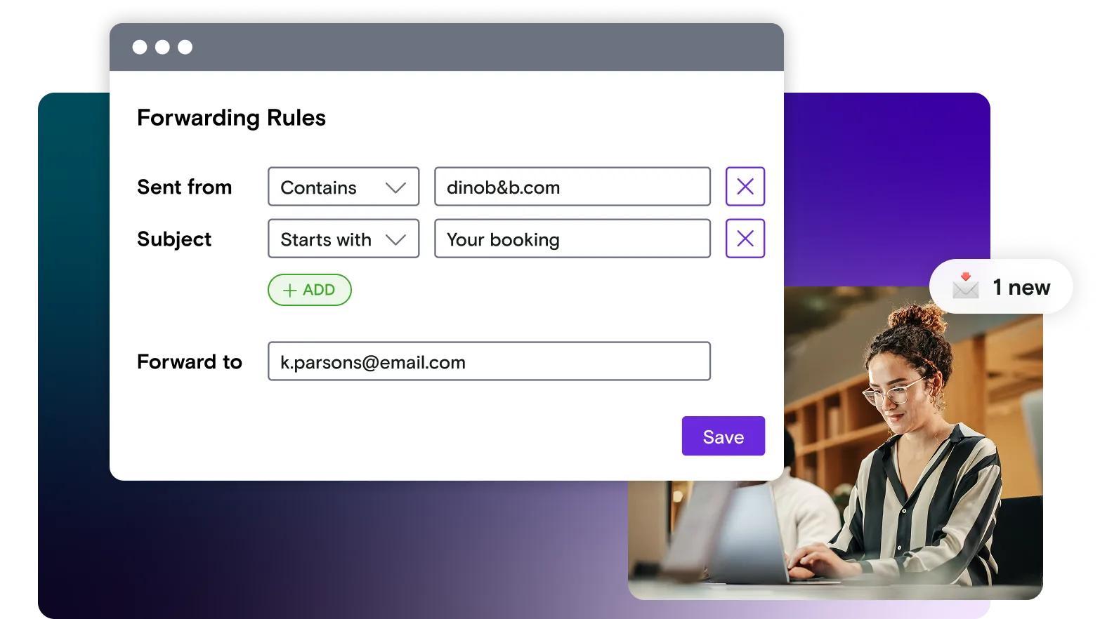 A dialogue box open showing rules to forward an email under specific circumstances