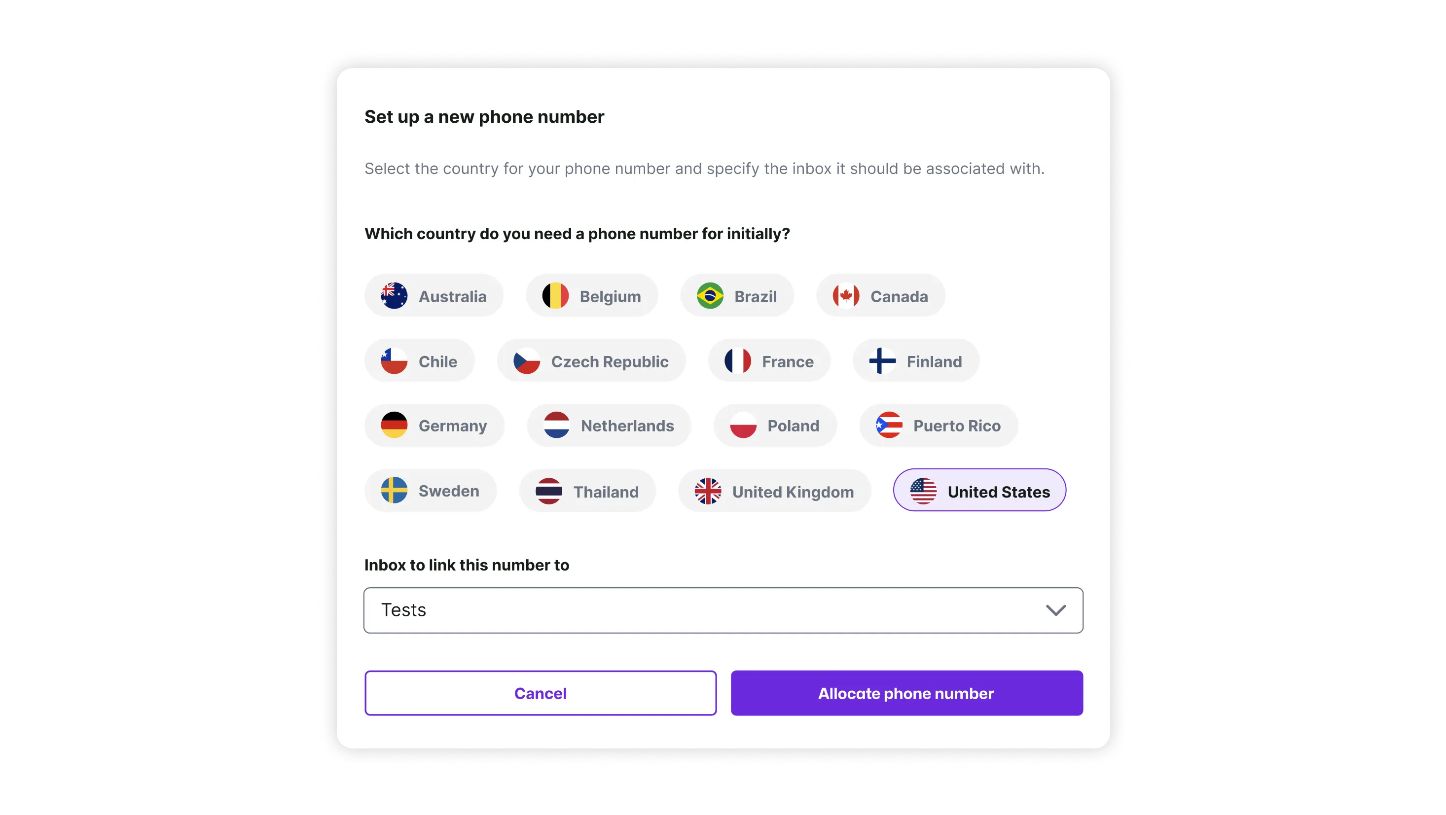 Phone number dialog window with country flags