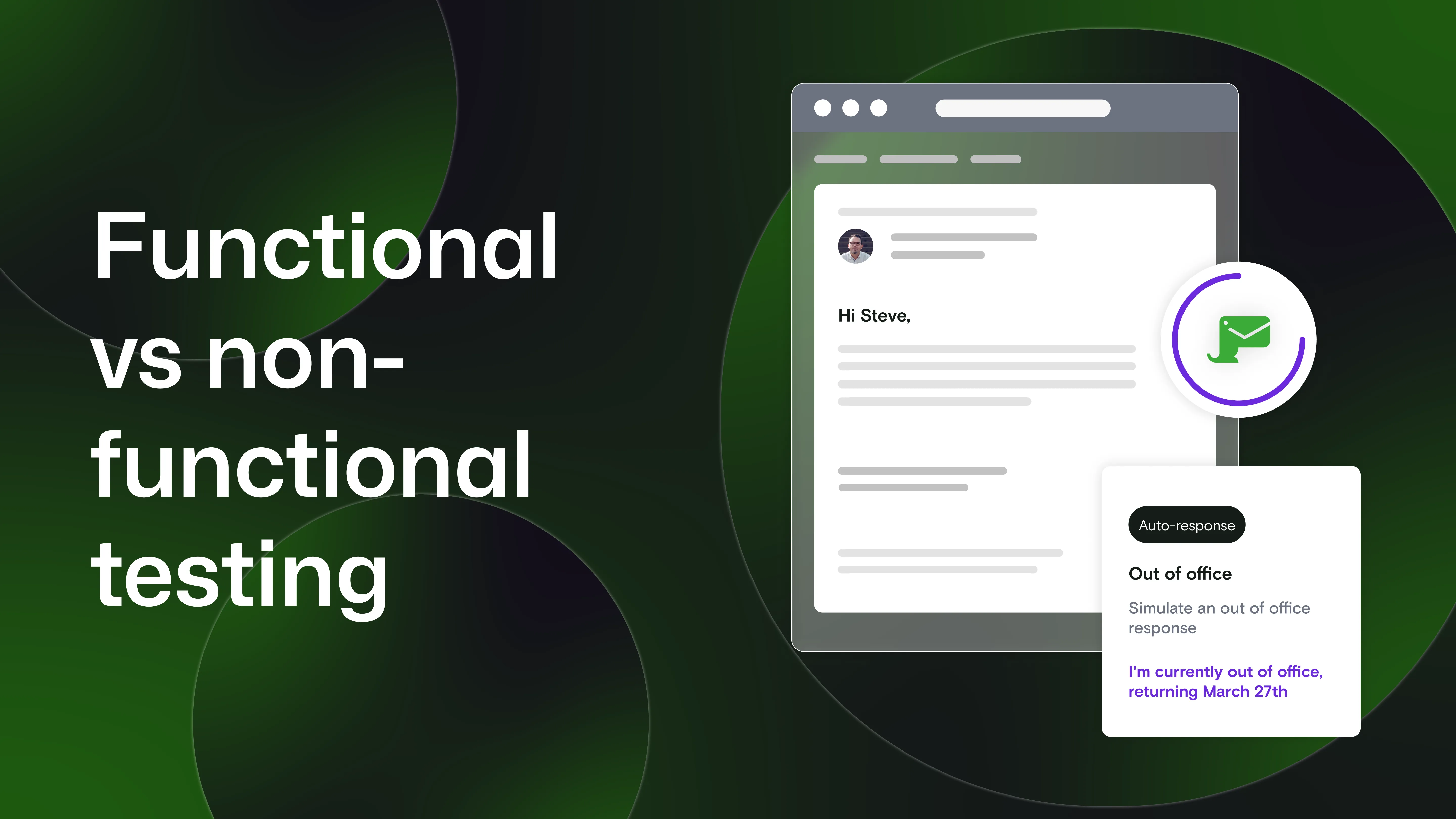 "Functional vs non-functional testing" with a simplified version of the Mailosaur UI on the right