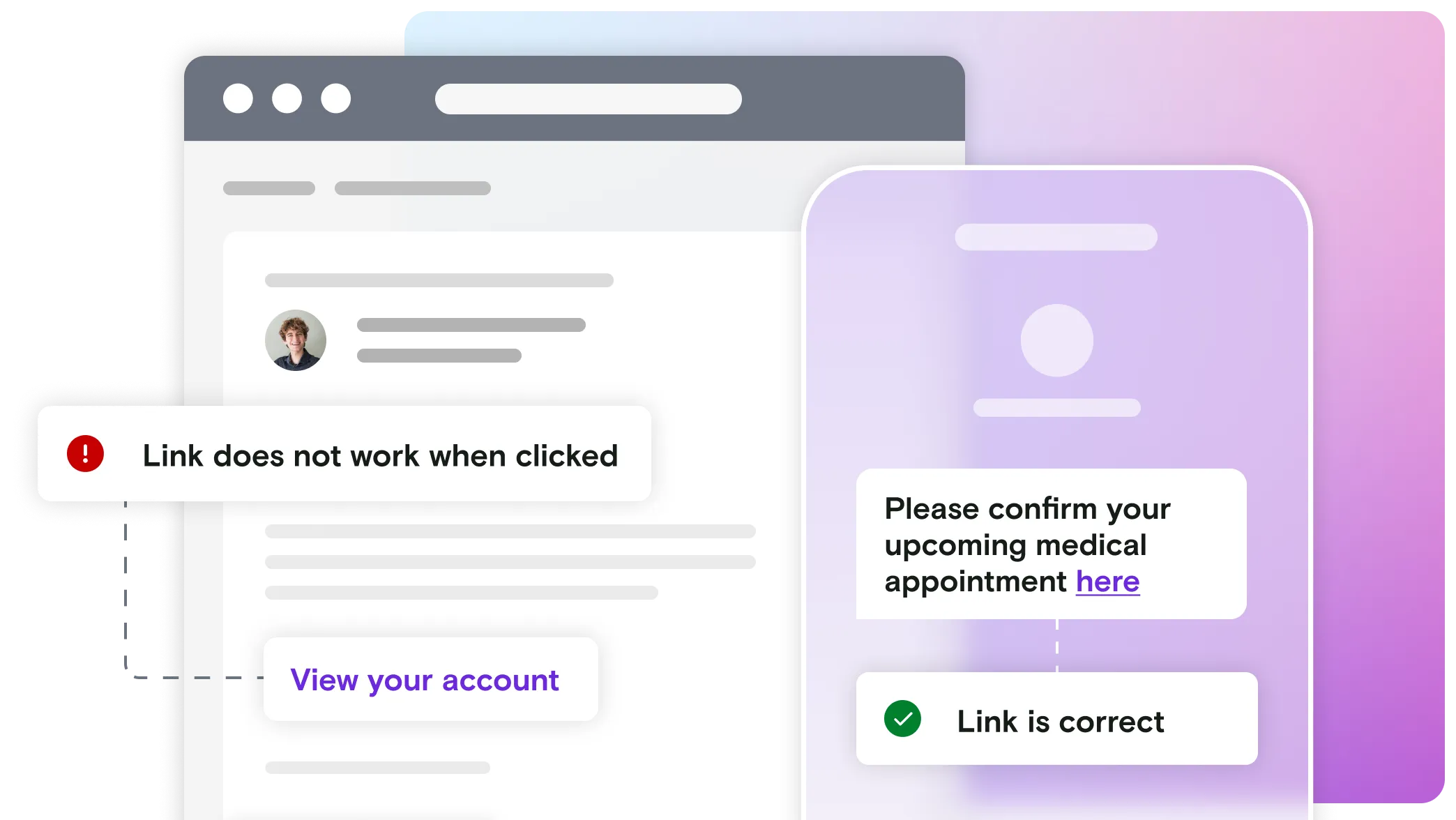 Email and mobile phone illustration with pass and fail notification on gradient background