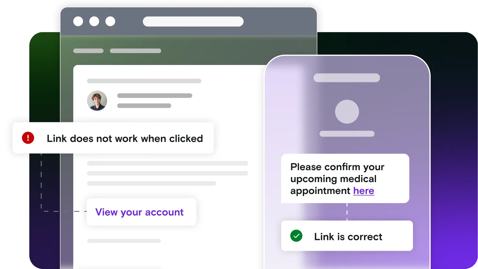 Email and mobile illustration with pass and fail notifications on gradient background