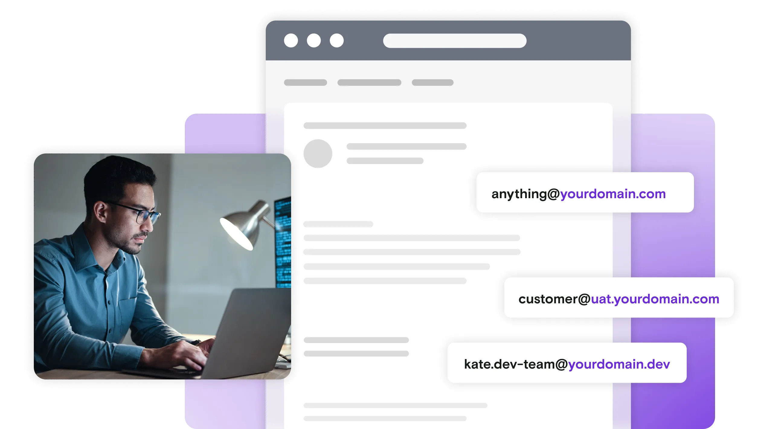 Man on laptop with email mockup and custom domain notifications