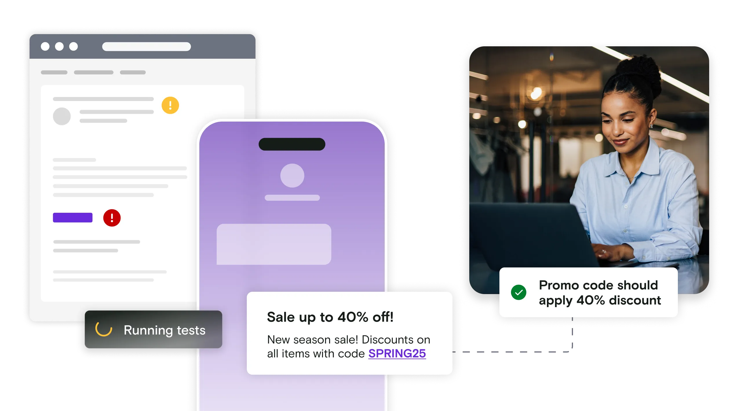 Email and mobile illustration with promo code notification and image of a woman on a laptop
