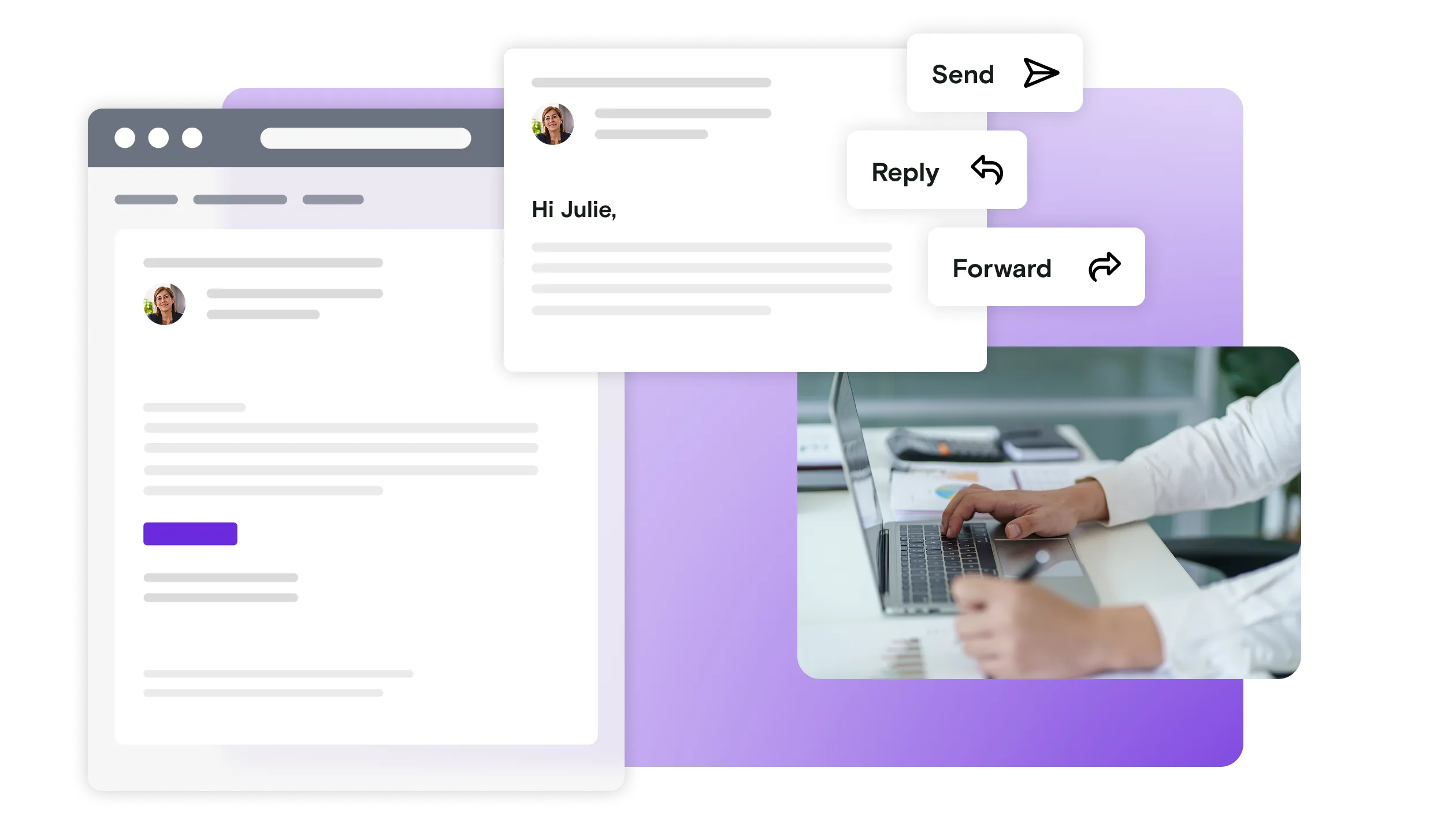 Email illustration with send, reply and forward buttons and an image of hands typing on a laptop