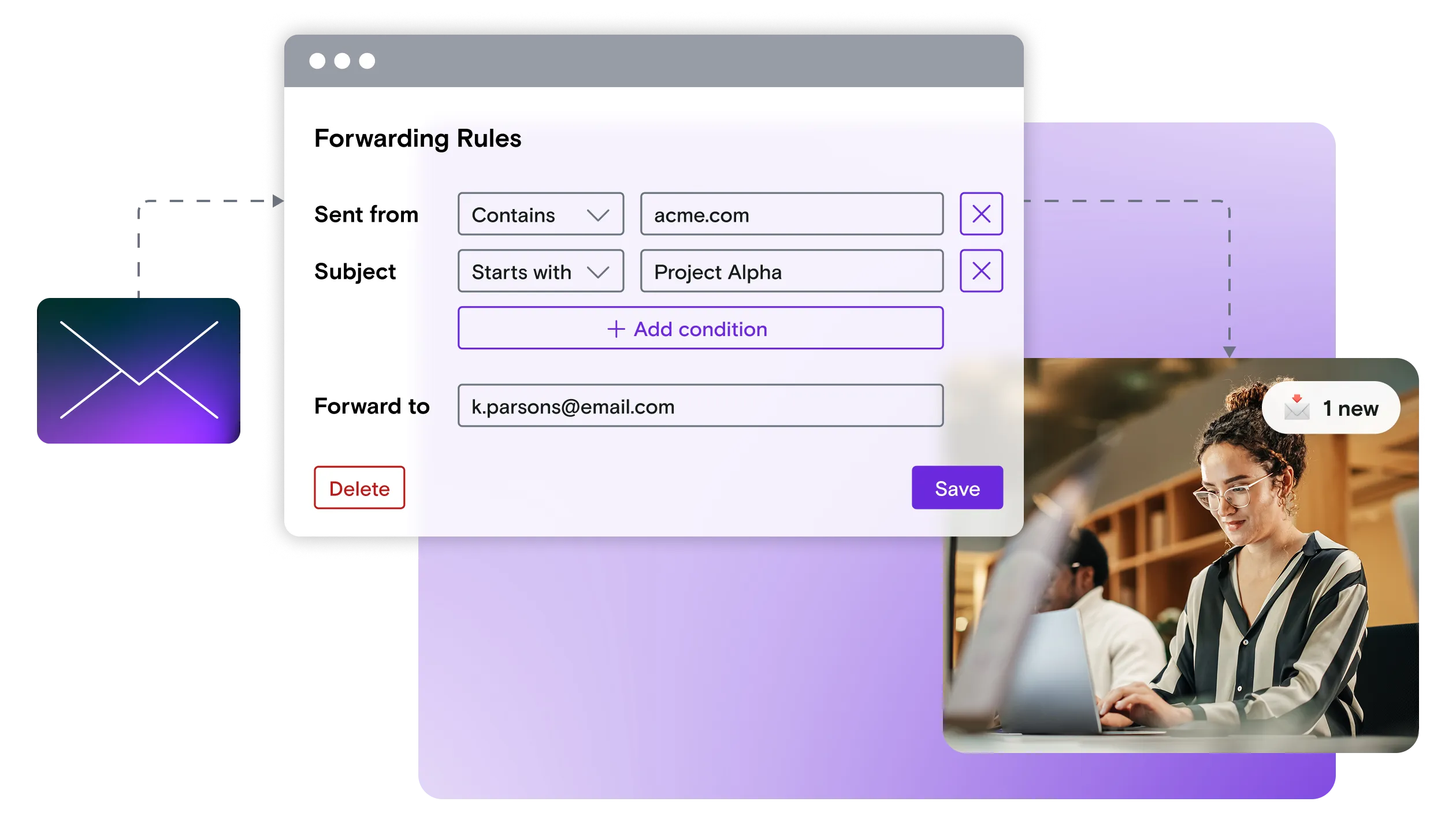 Email illustration with a forwarding rules dialog window and an image of a business woman on a laptop