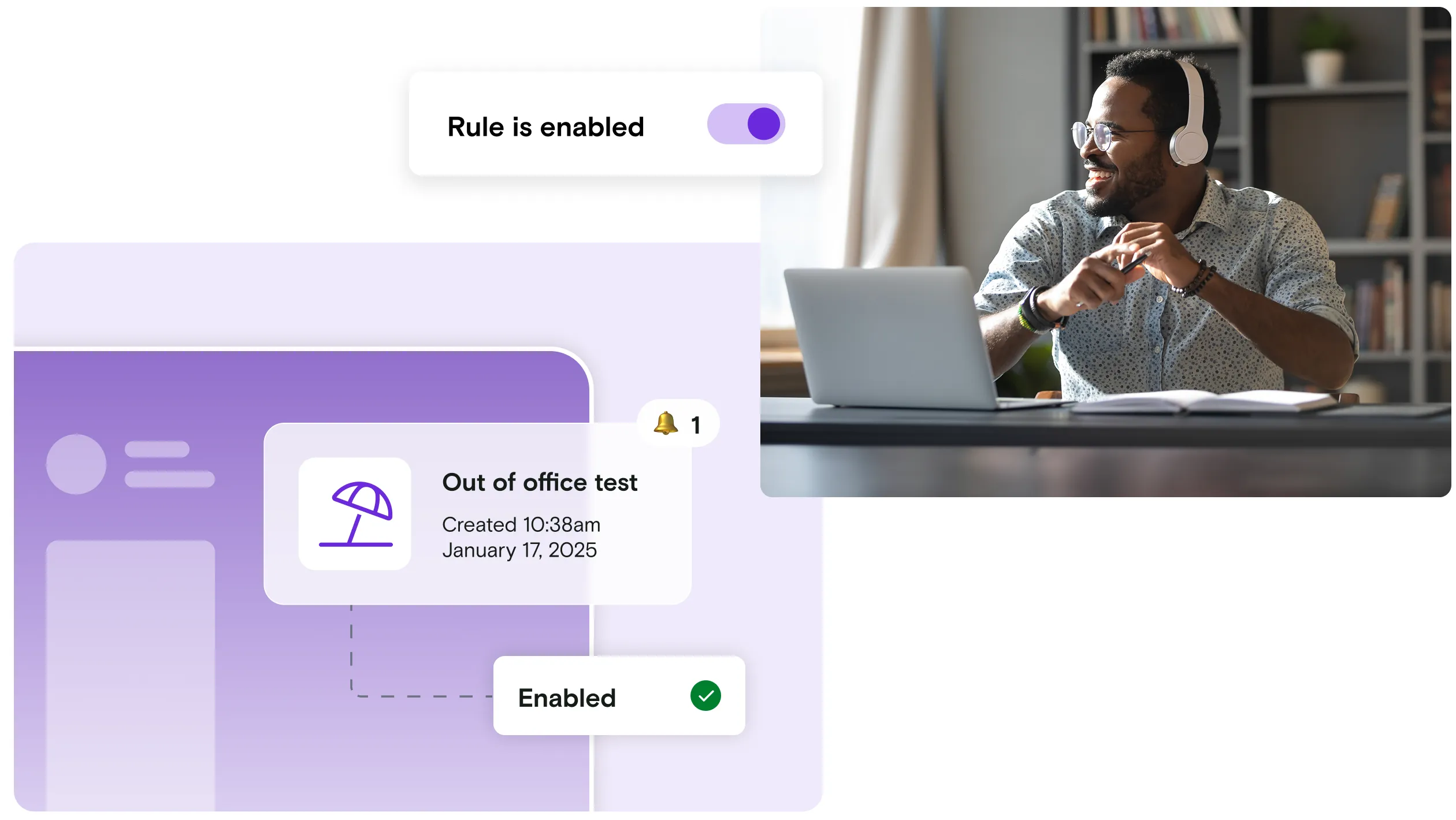 Man with headphones and out of office notification on purple desktop background