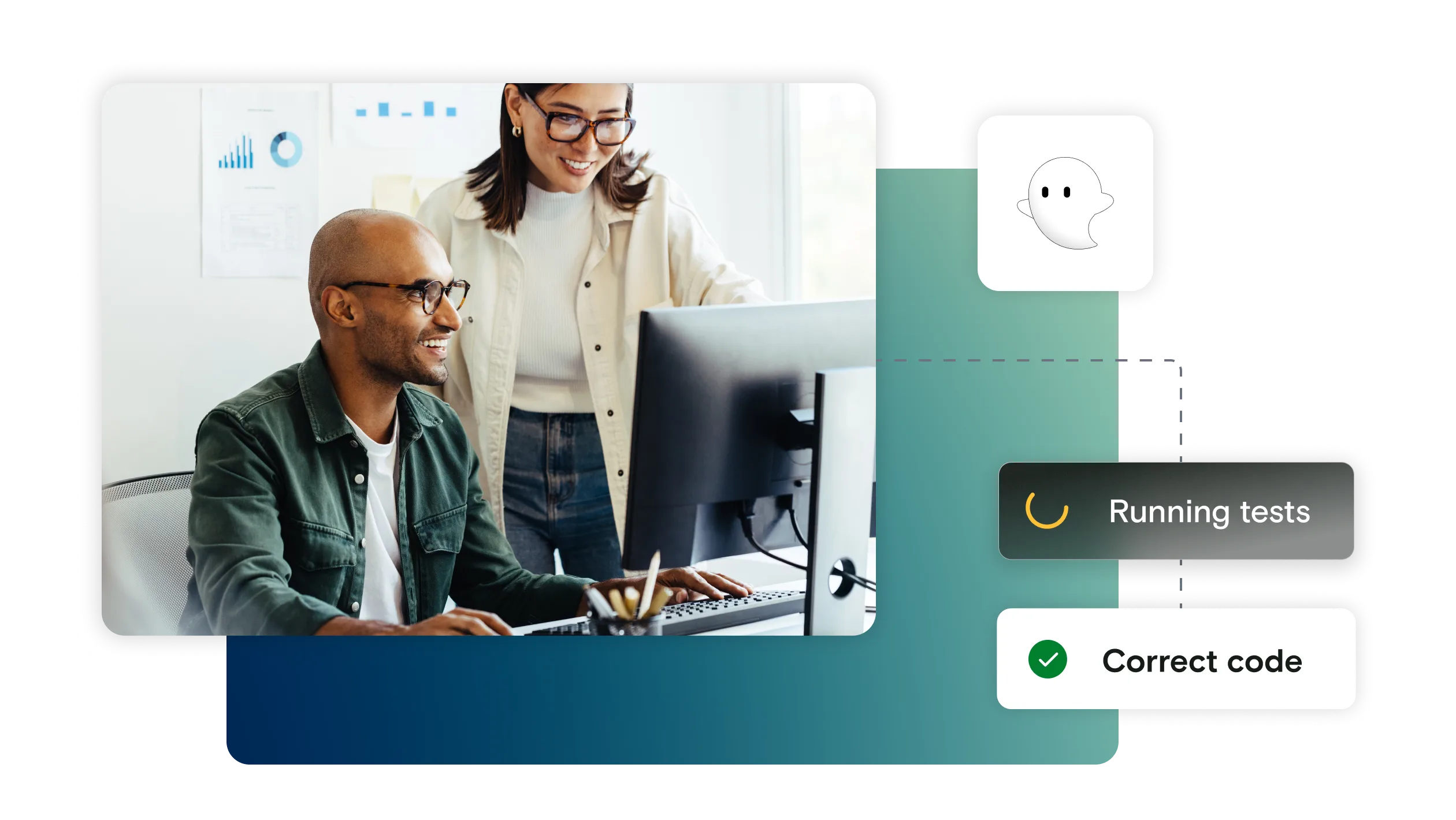 Man and woman on computer with gradient backgroundm testing notifications and Ghost Inspector logo