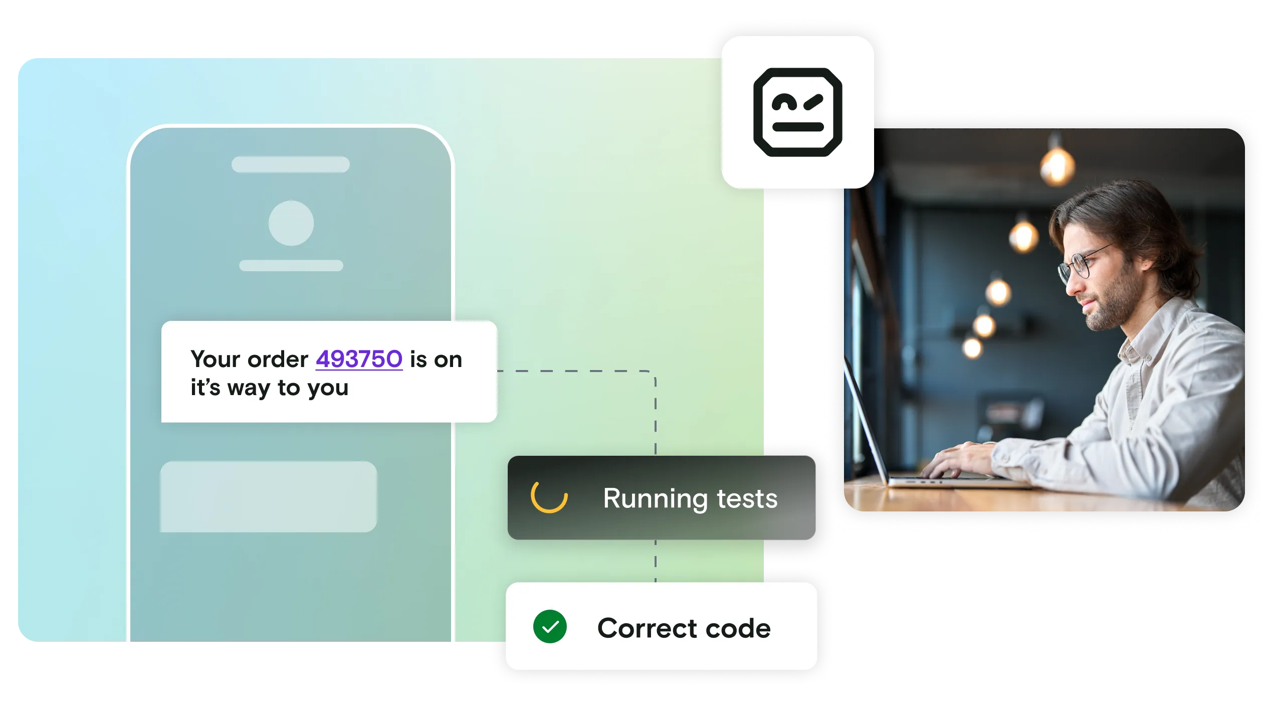 Man on laptop with mobile phone illustration and test and pass notifications on blue and green gradient background with Robot Framework logo