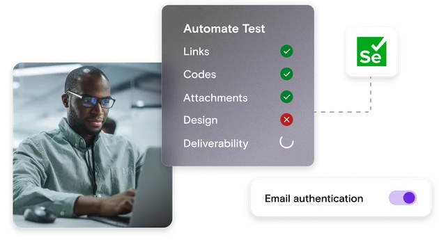 Illustration of man in glasses looking at computer screen, next to test running with ticks in green and crosses in red. Selenium logo in top corner.