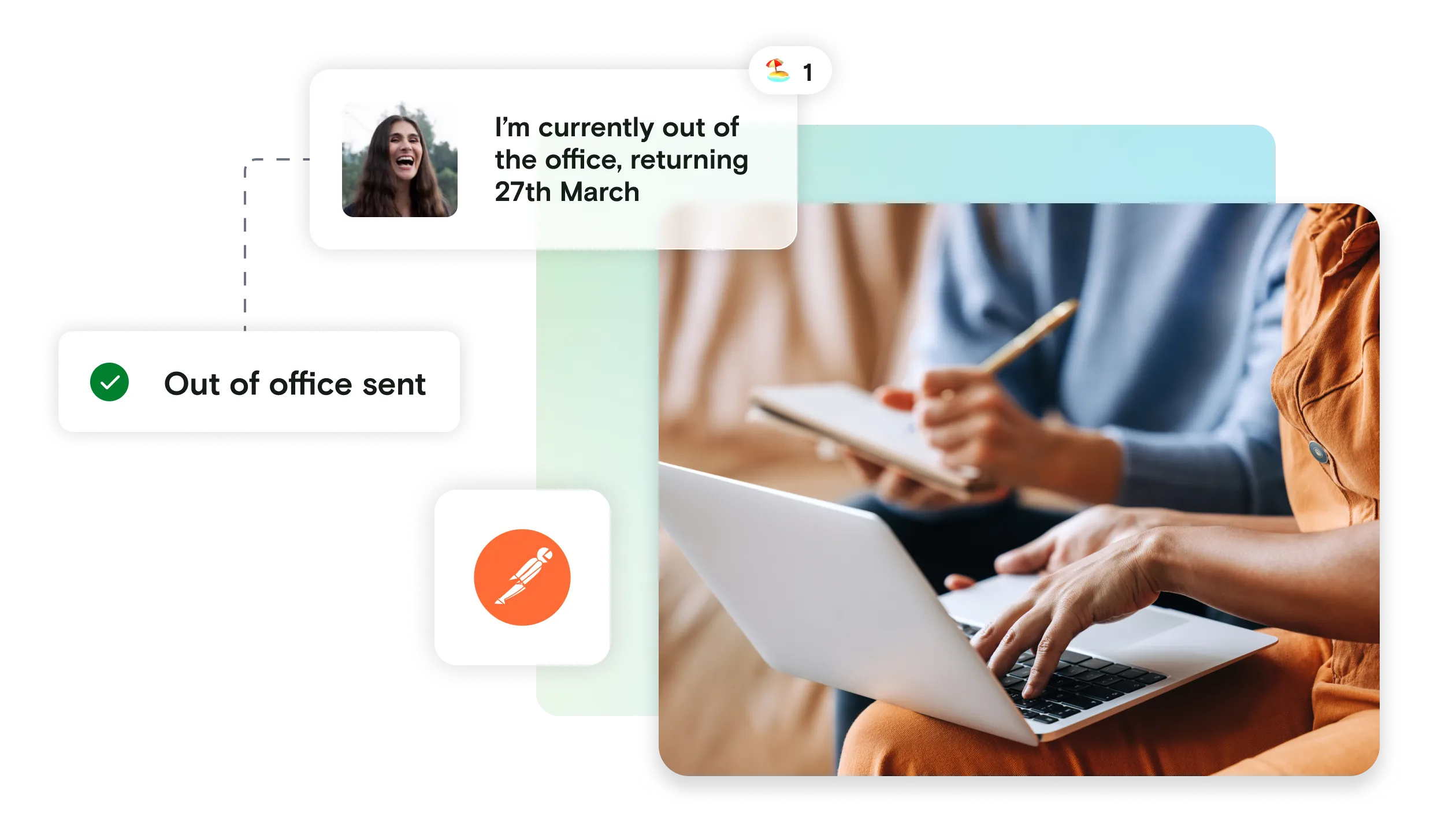 Photo of peoples hands on laptop with Postman logo and pass and out of office notification