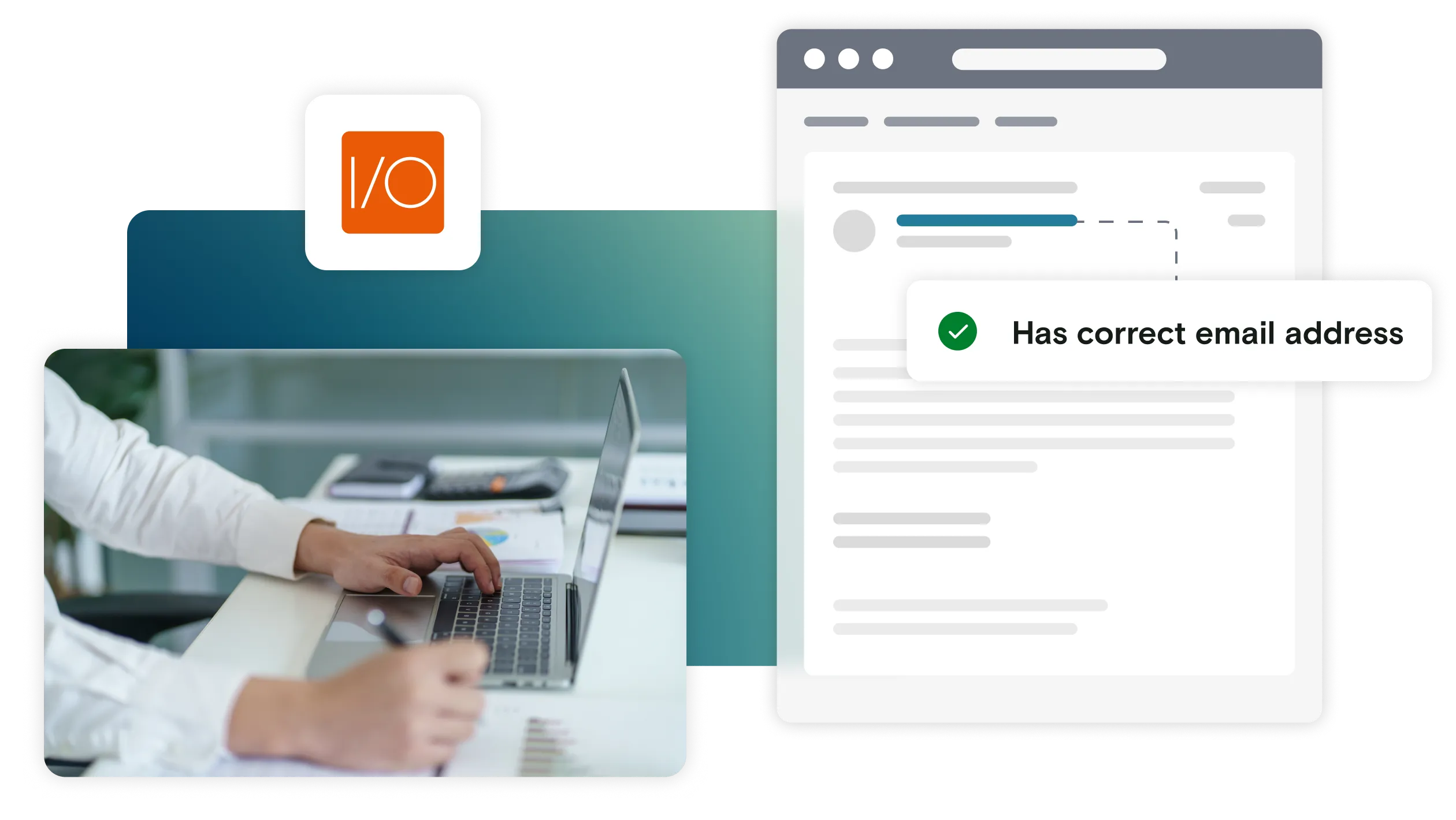 Image of man on laptop on gradient background with email illustration with pass notification and Webdriver IO logo