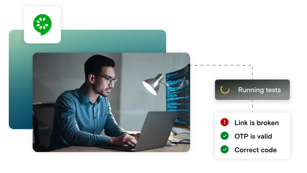 Image of man on laptop with testing, pass and fail notifications on gradient background with Cucumber logo
