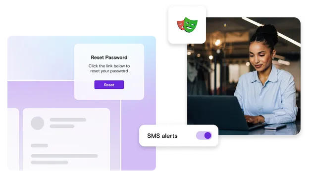 Woman on laptop image with Playwright logo, SMS alert toggle and purple desktop mockup with reset password notification