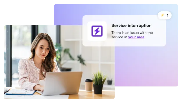 Image of woman on laptop with energy service notification on gradient background