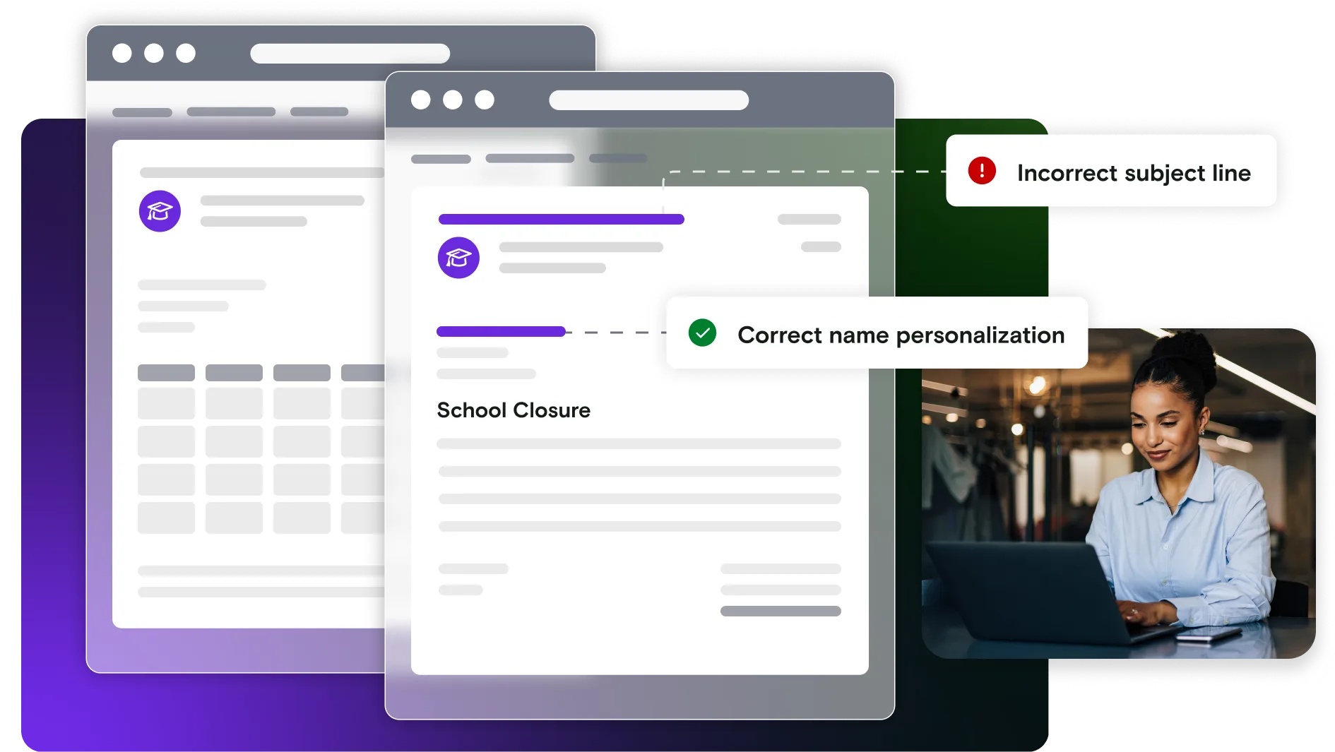 Image of woman on laptop with emails of school closure and timetable on gradient background