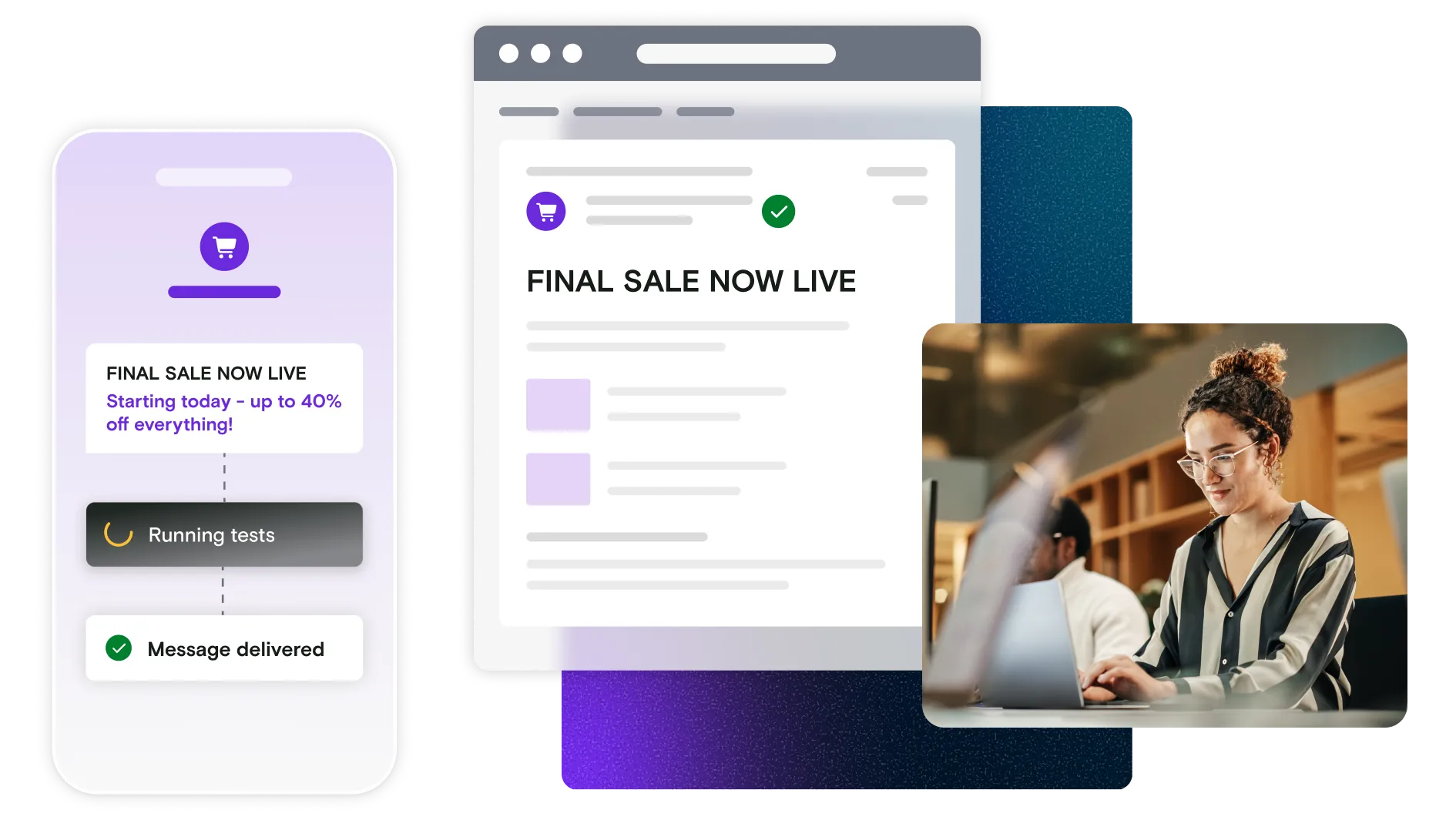 Mobile and email illustration with image of a woman on laptop on a gradient background