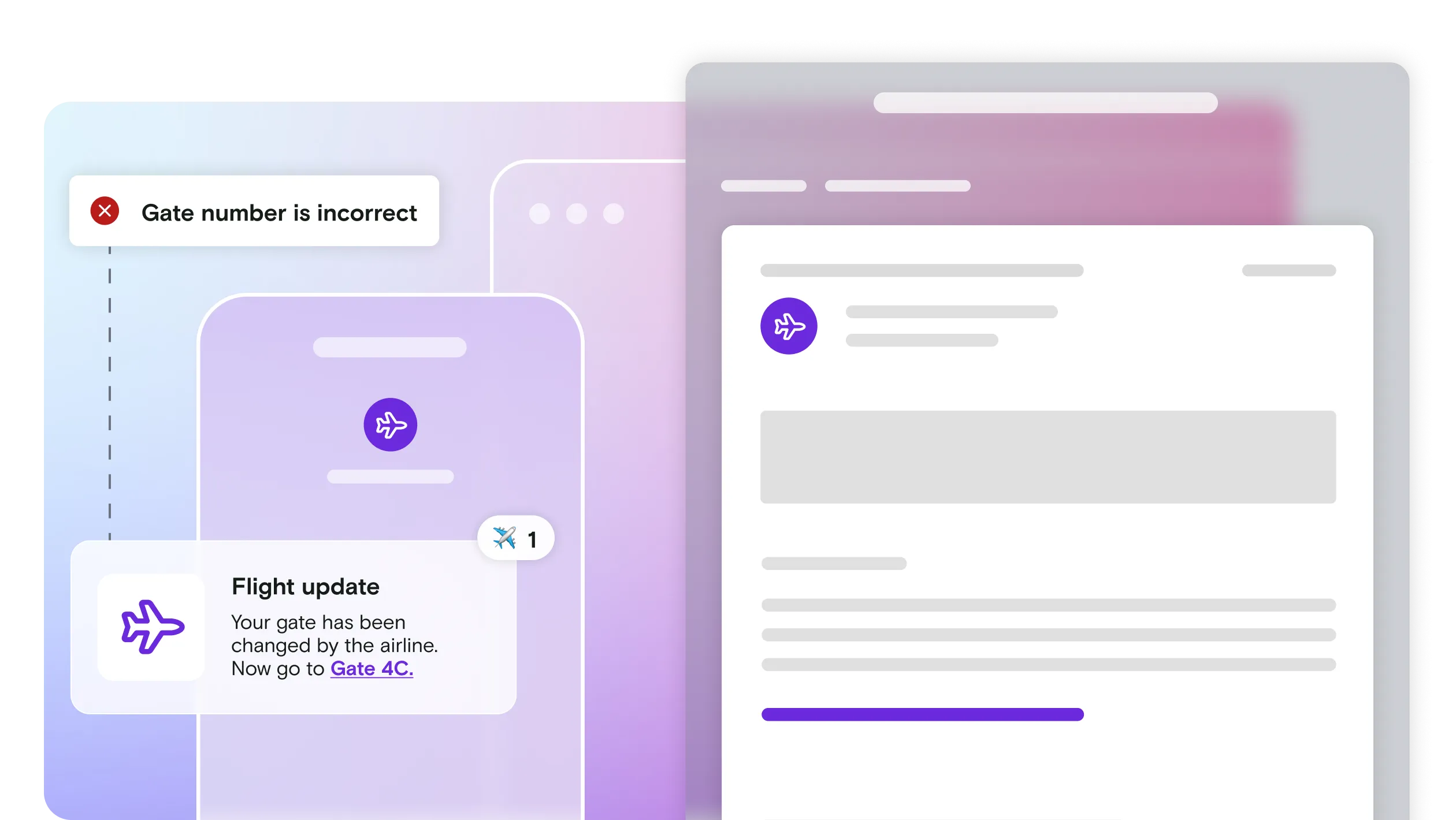 Email and mobile phone illustration with flight update notification on gradient background