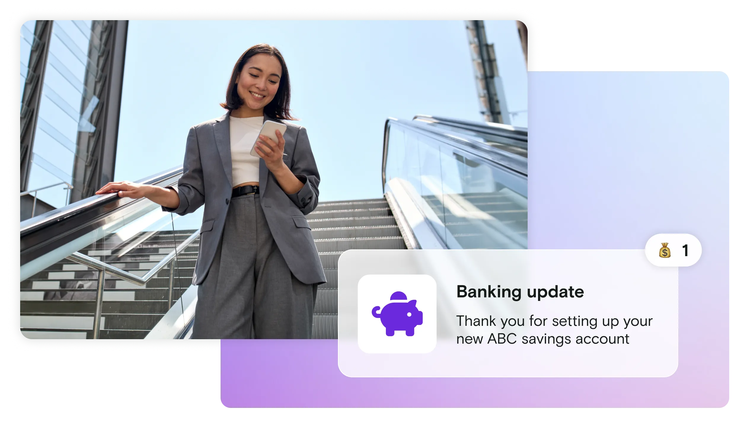 Picture of woman on stairs with banking update and gradient