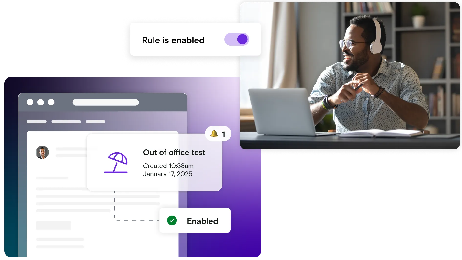 Man on laptop with headphones with email with out of office notification on gradient background