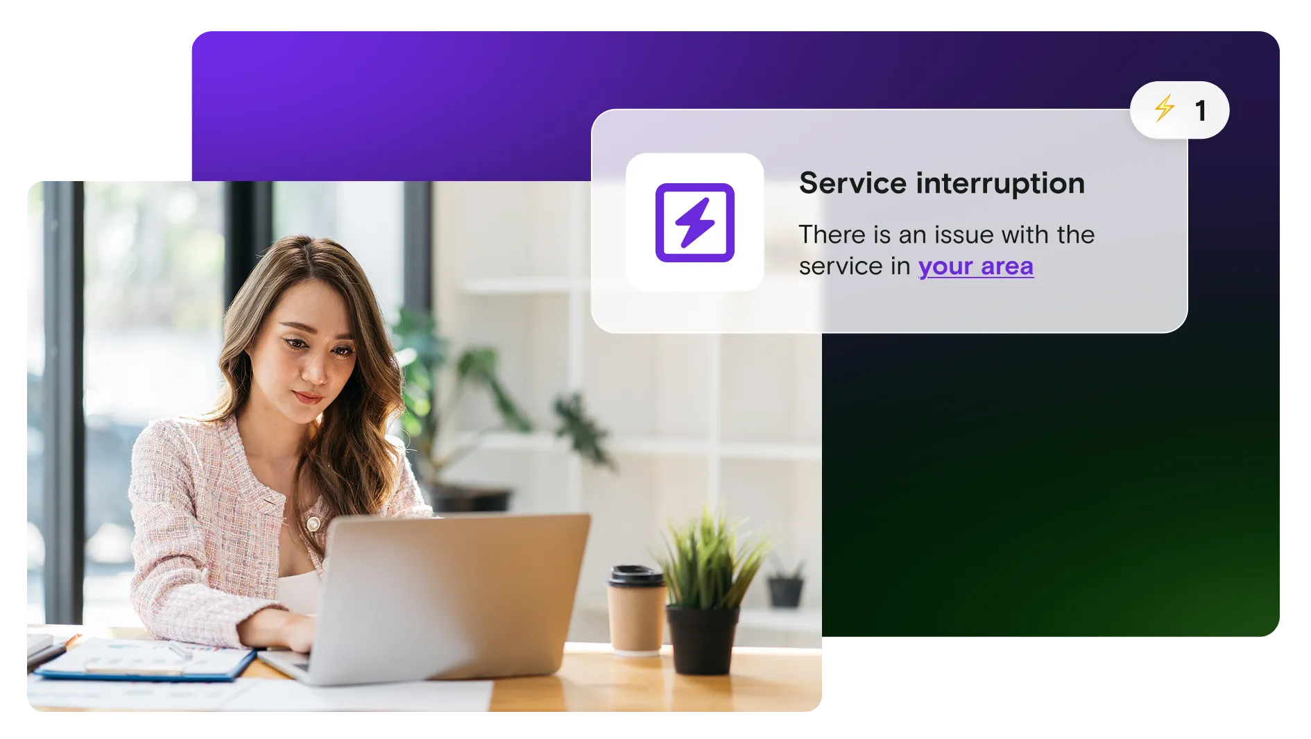 Image of woman on laptop with service interruption notification on gradient background