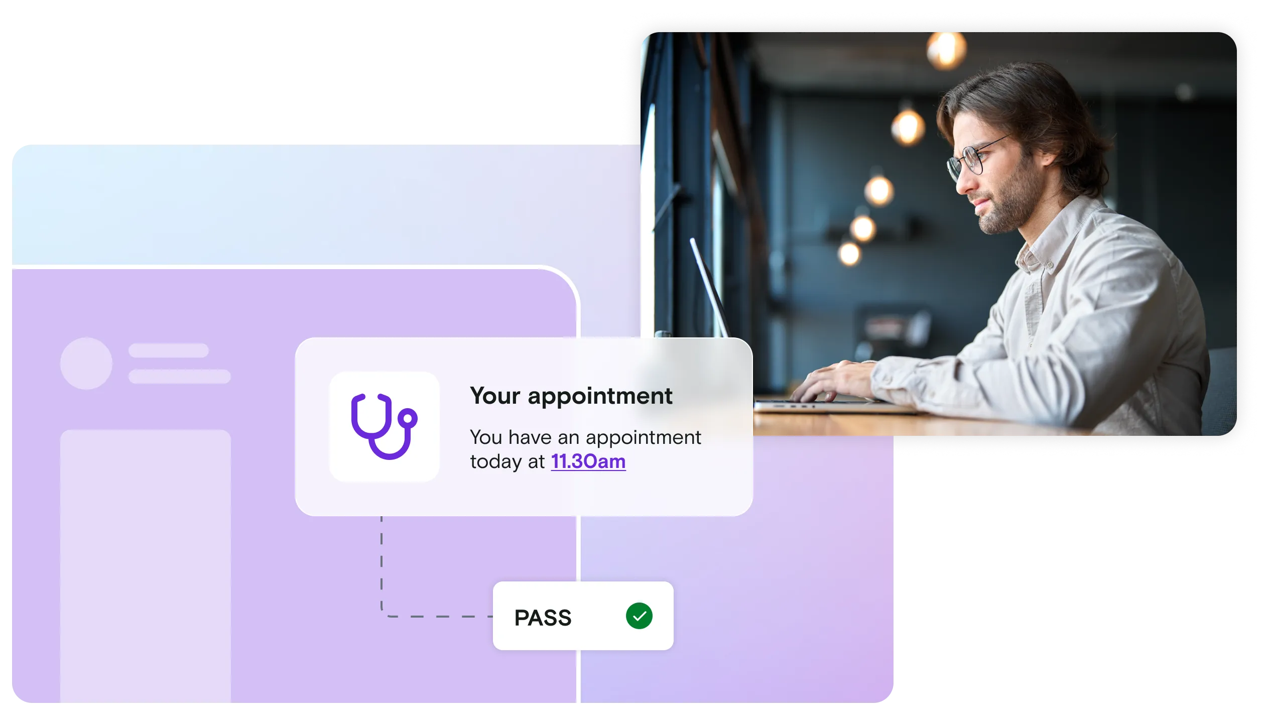 Image of man on laptop with appointment notification and pass notification