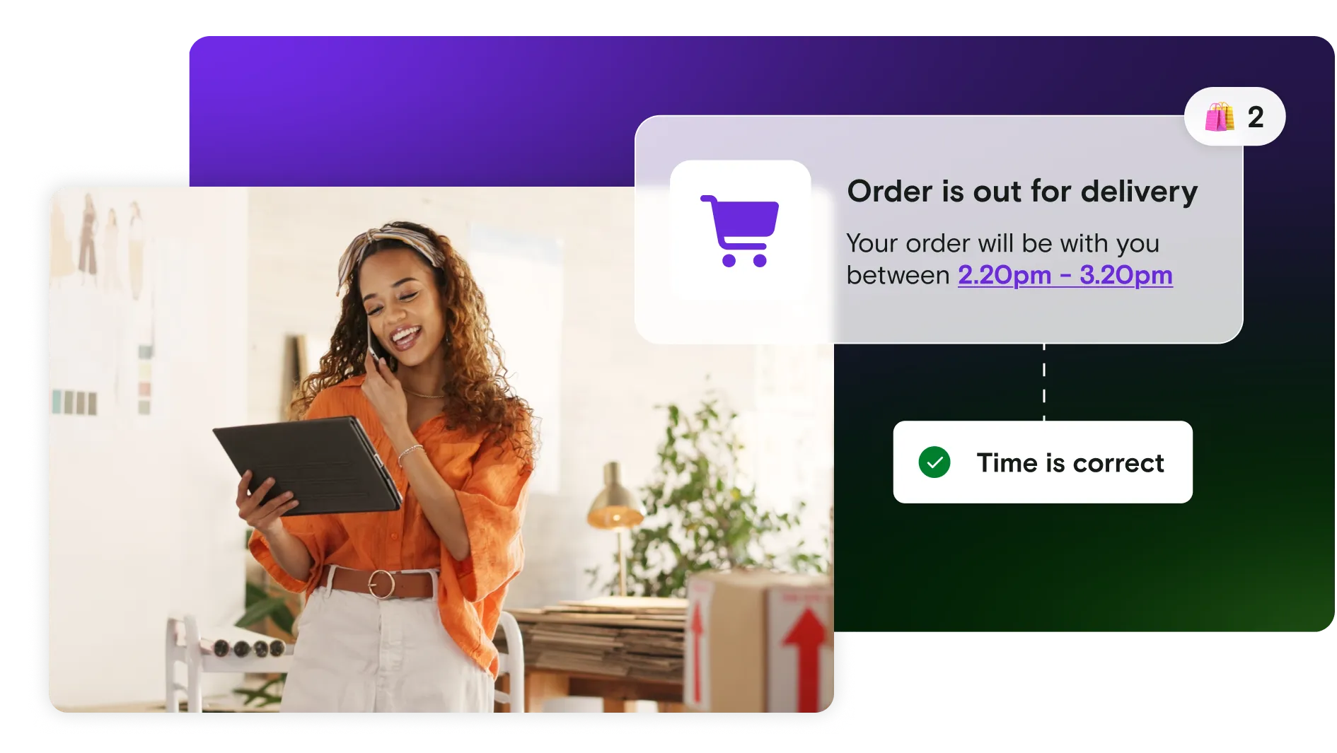 Image of woman on tablet with delivery notification on gradient background