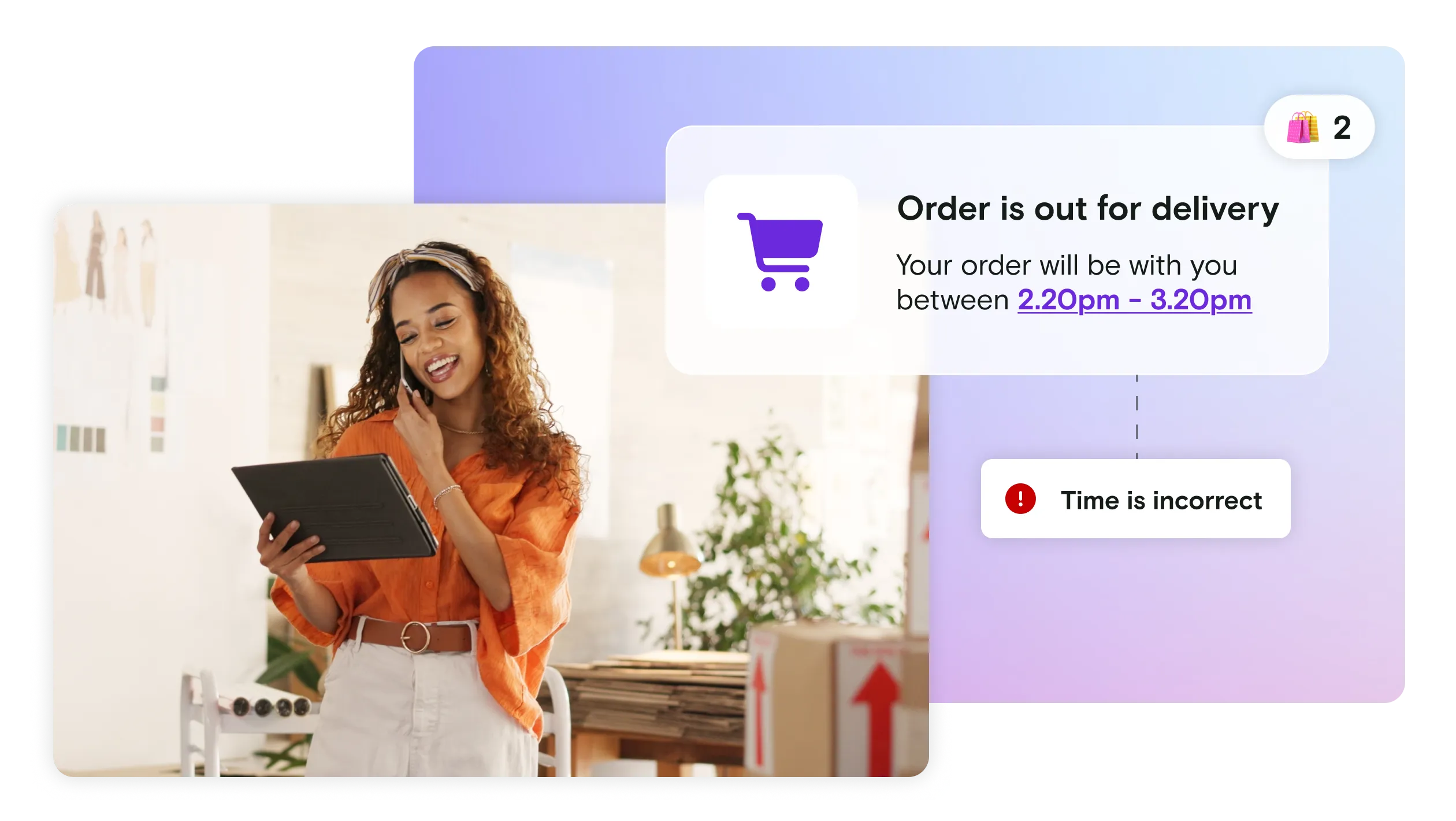 Woman on iPad with delivery notification on gradient background
