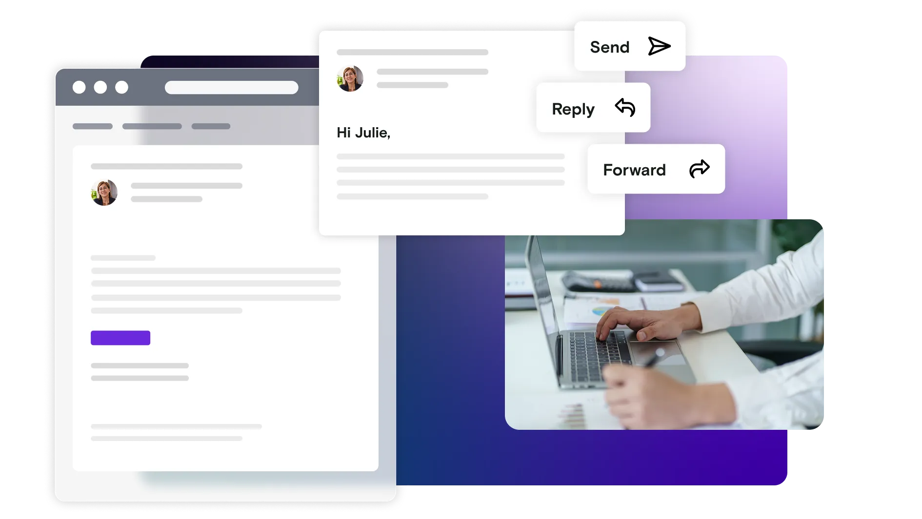 Email illustration with image of hands on laptop and sending and forwarding buttons
