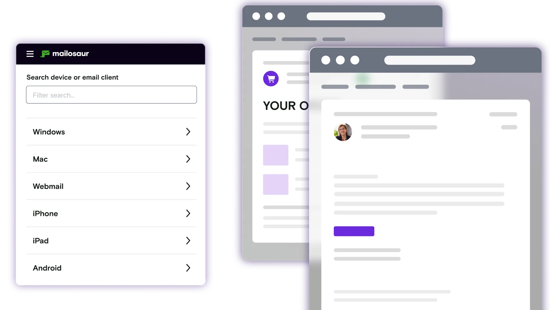 Email illustrations with email client dropdown window