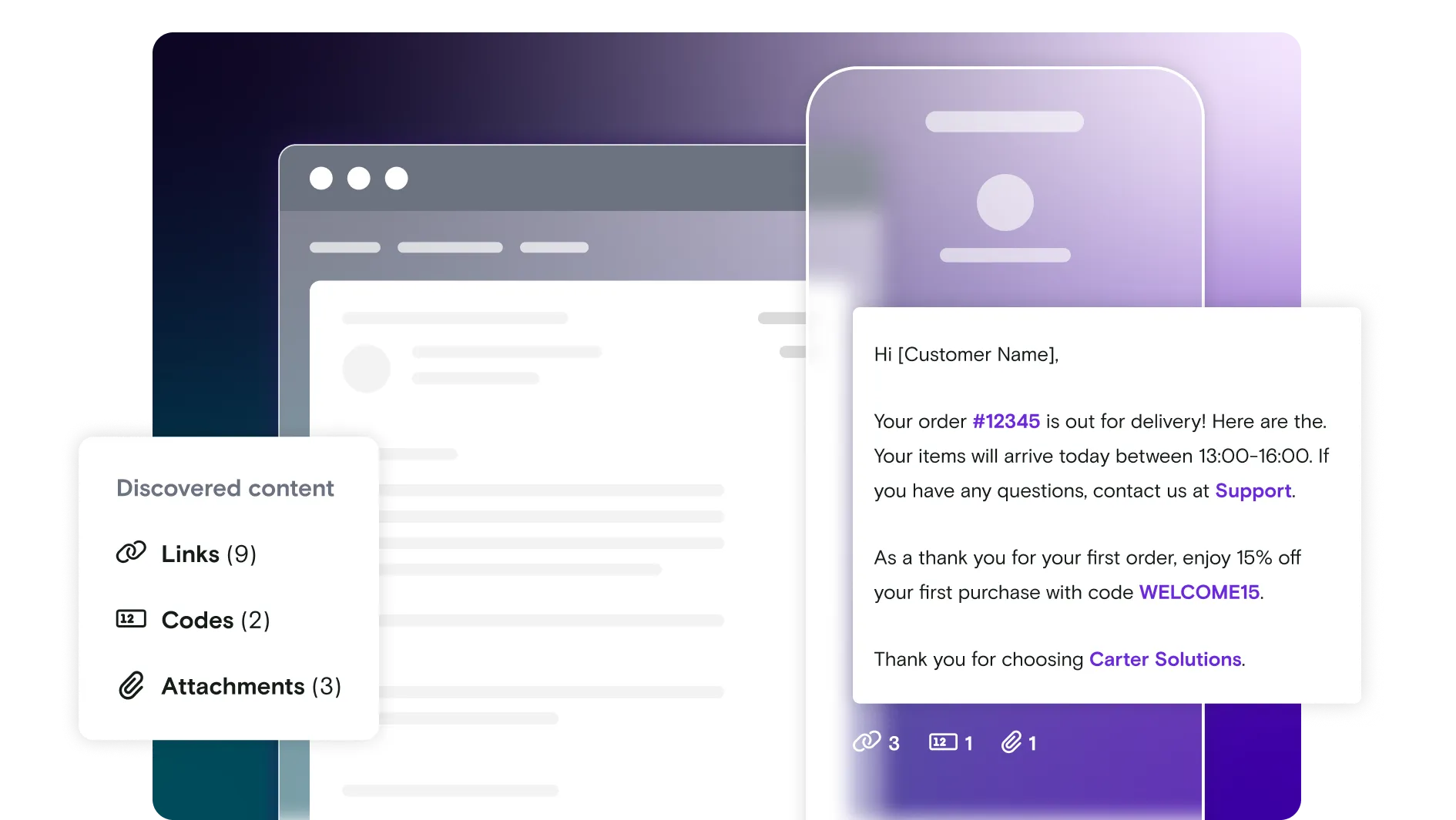Mobile and email illustration with links and codes on gradient background