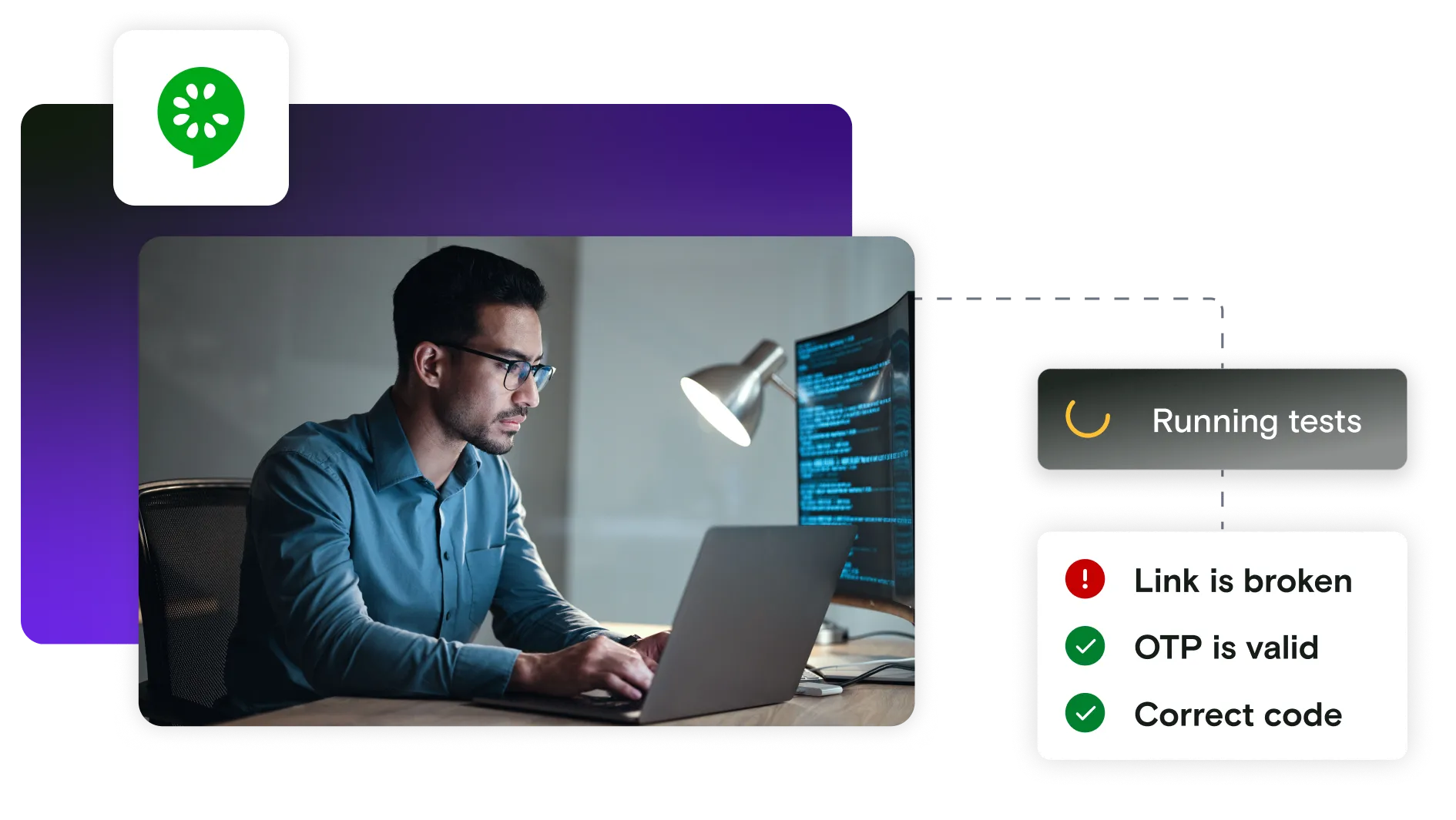Image of man on laptop on gradient background with tests running and pass and fail notifications with Cucumber logo