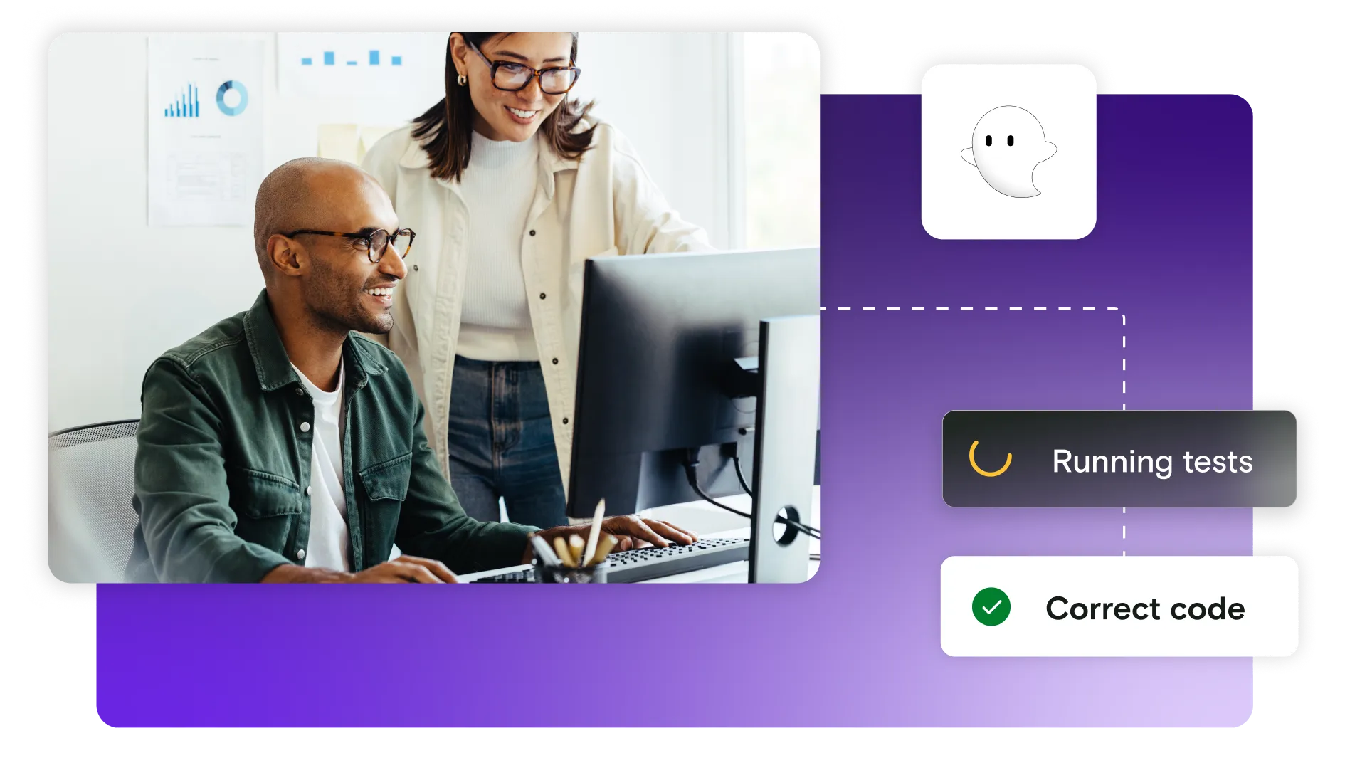 Image of man and woman on computer with running tests dialog and Ghost Inspector logo on gradient background