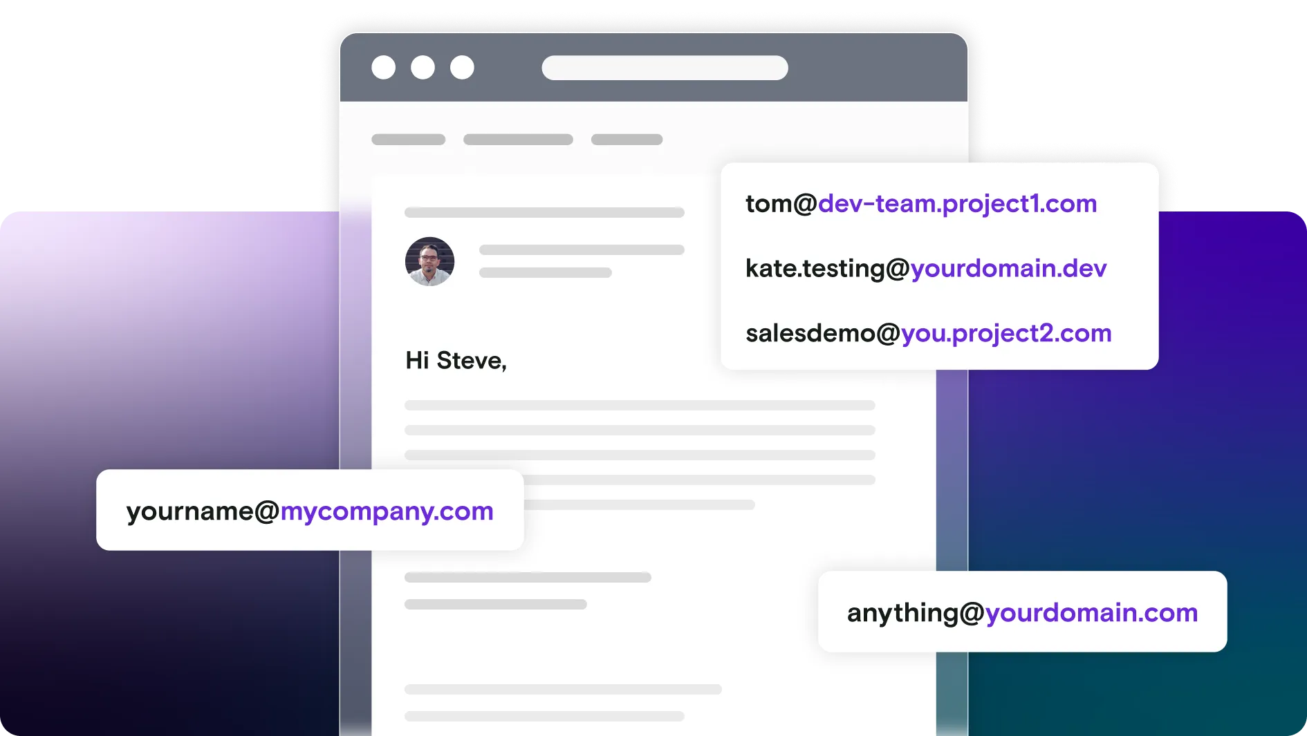 Email illustration with gradient background and custom email addresses