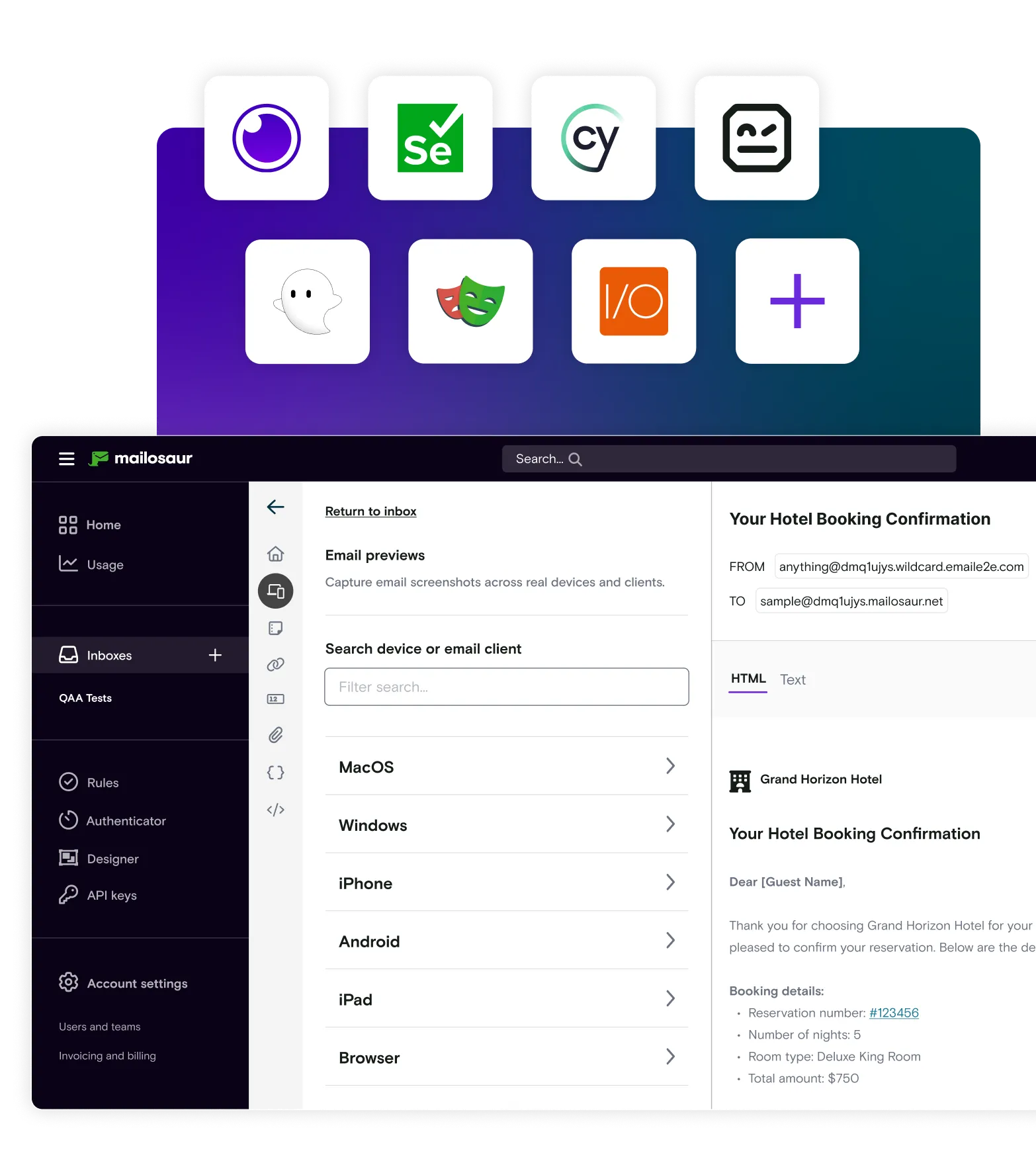 Frameworks logos with Mailosaur dashboard on gradient background