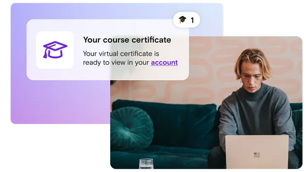 Image of man on laptop on gradient background with course certificate notification