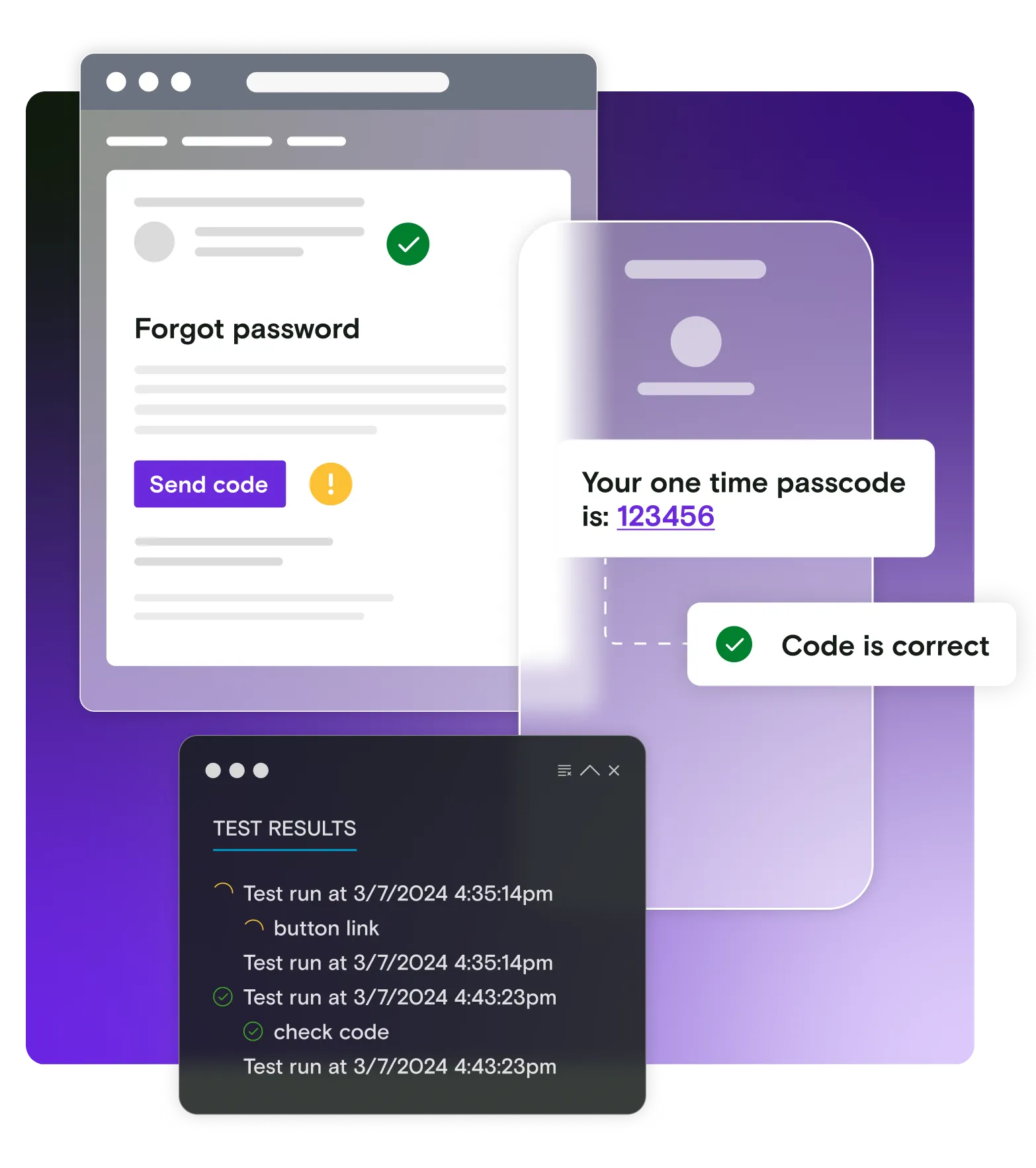 Email and mobile illustration on gradient background with test results window