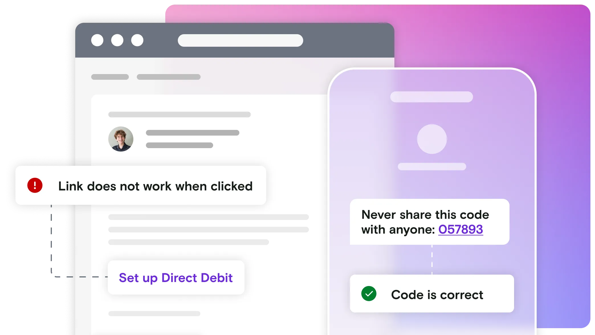 Email and phone illustration with pass and fail notifications on gradient background