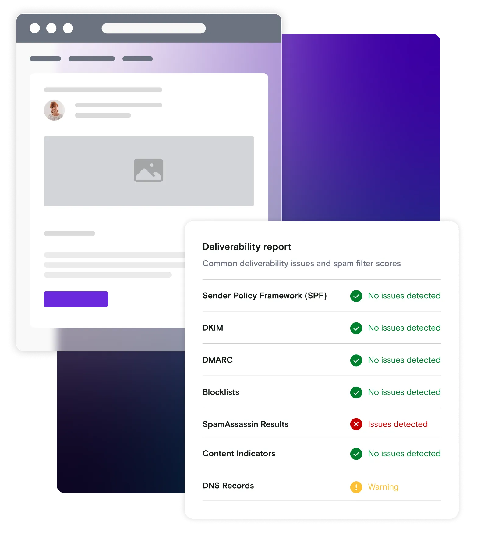 Email illustration with deliverability report dialog on gradient background