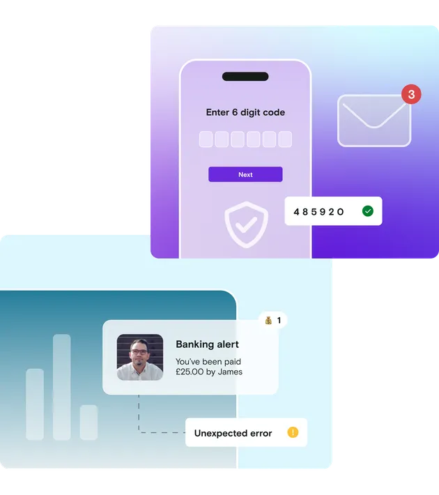 Banking alert and 6 digit code on mobile with blue and purple gradient background