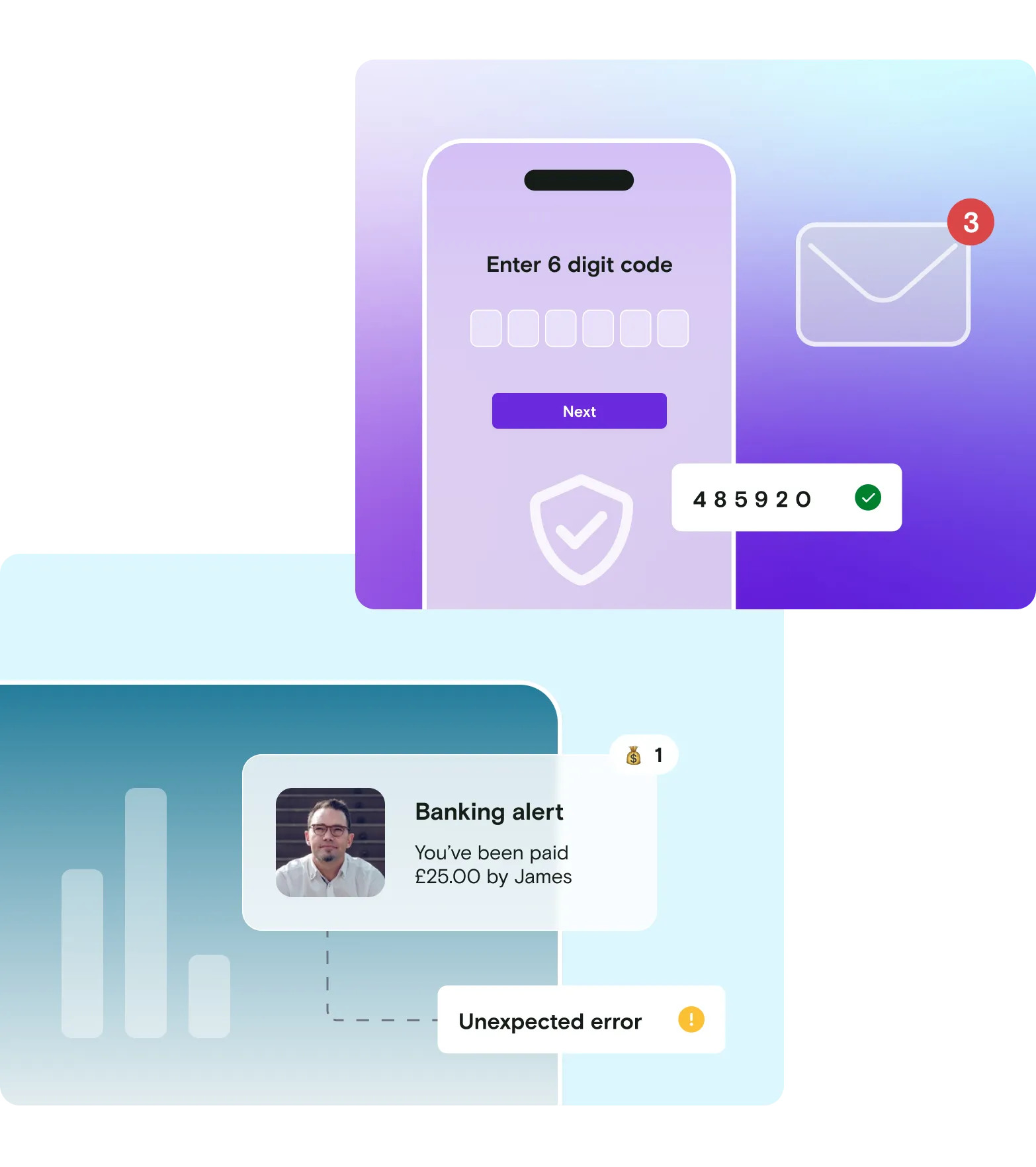 Banking alert and 6 digit code on mobile with blue and purple gradient background