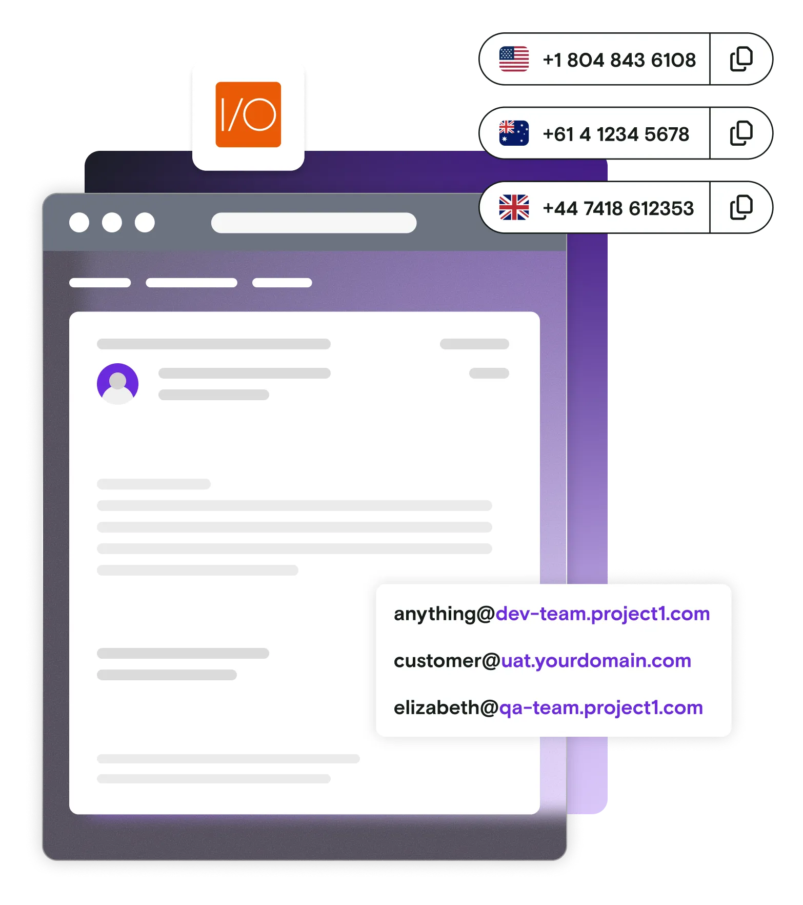 Email illustration with international phone numbers email addresses and Webdriver IO logo on gradient background