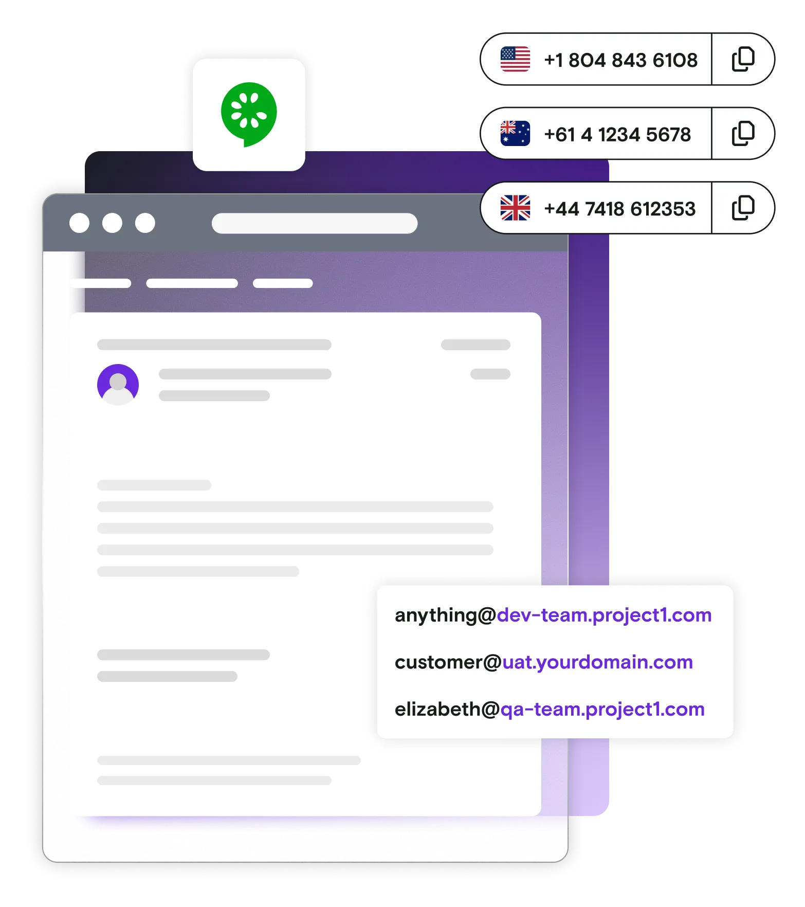 Email illustration on gradient background with international phone numbers with Cucumber logo