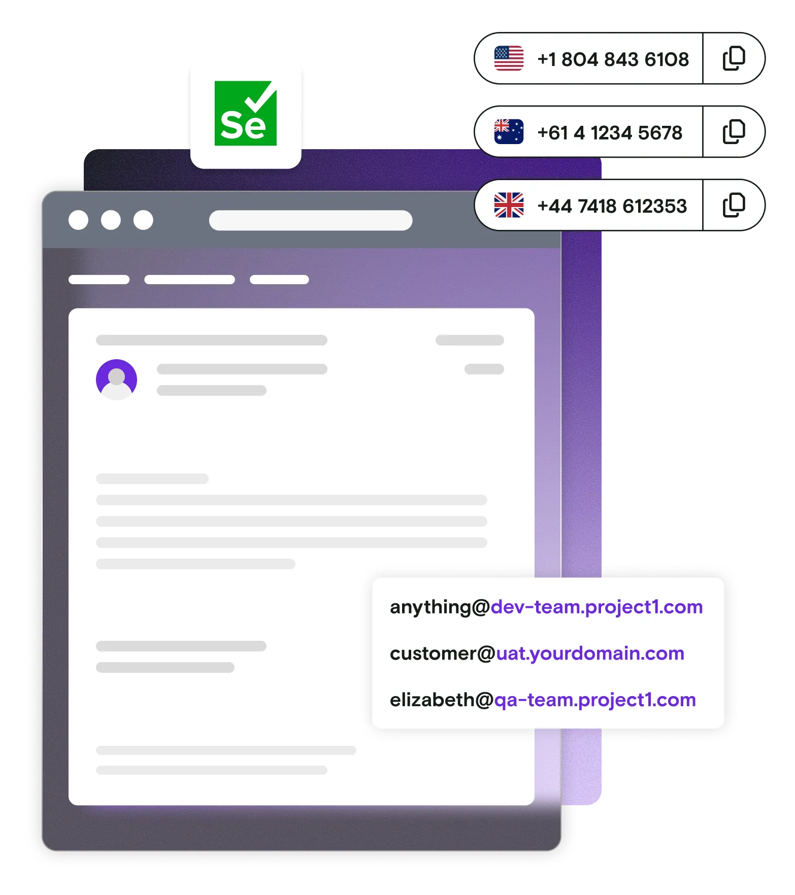 Email illustration with international phone numbers email addresses and Selenium logo on gradient background